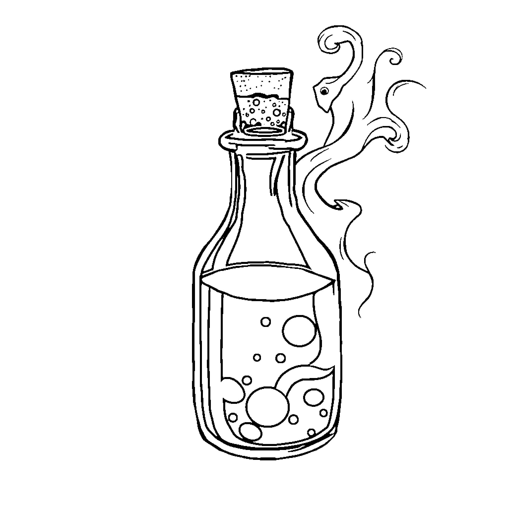 Potion bottle with bubbling liquid Coloring Page (free black-and-white line drawing printable PDF for all, from beginners to advanced learners, including children, teens, adults, and seniors)
