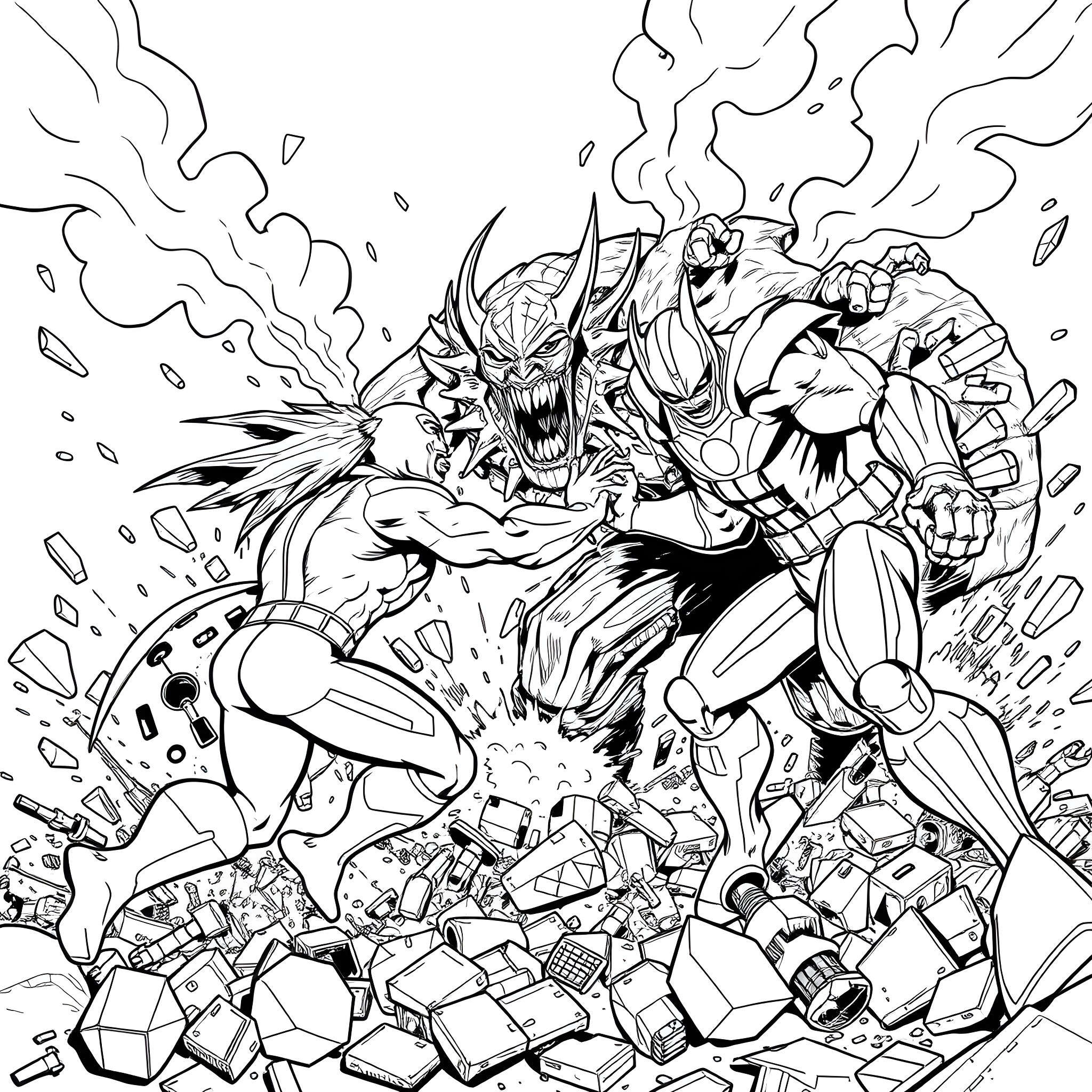 Battle Beast Warrior's Explosive Clash with Robotic Foe Coloring Page (free black-and-white line drawing printable PDF for all, from beginners to advanced learners, including children, teens, adults, and seniors)