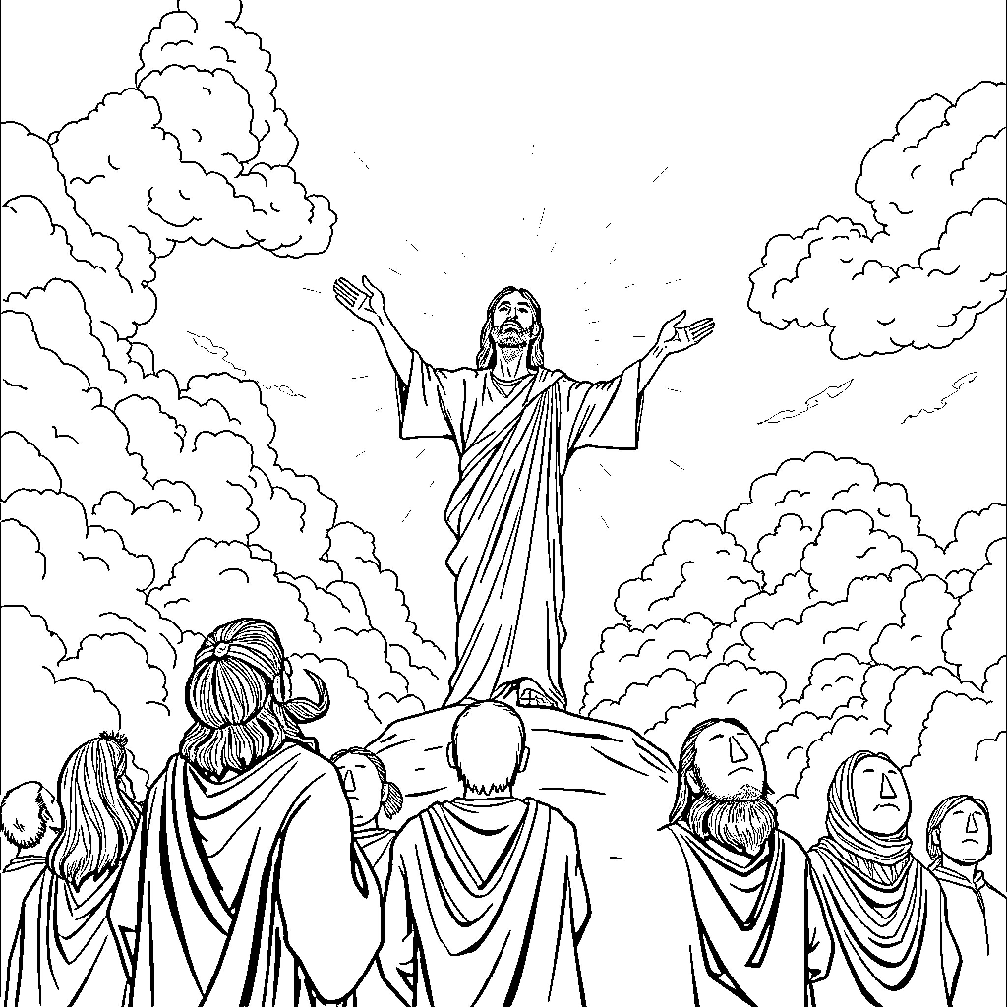 Jesus ascending to heaven with disciples below Coloring Page (free black-and-white line drawing printable PDF for all, from beginners to advanced learners, including children, teens, adults, and seniors)