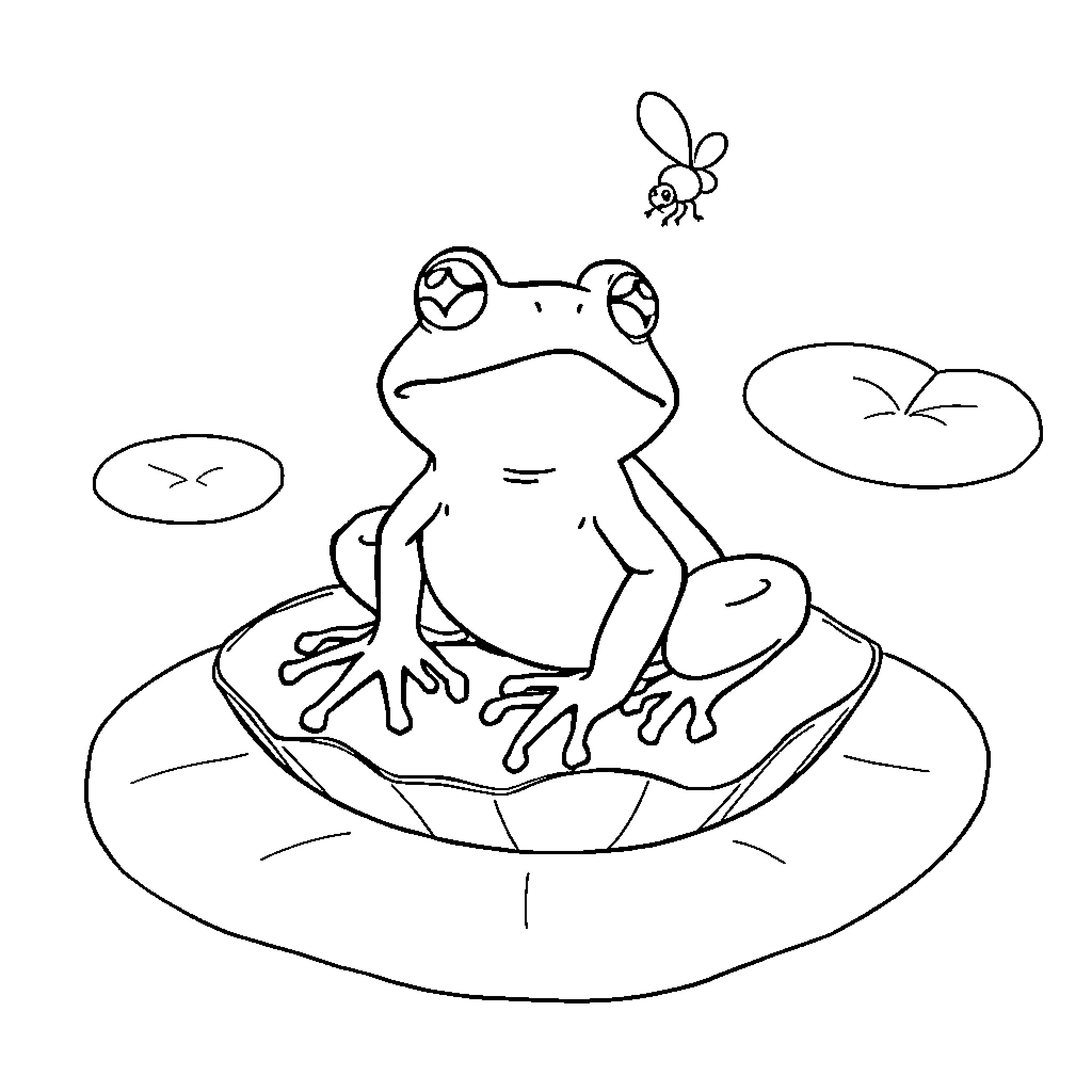 Frog resting peacefully on lily pad Coloring Page (free black-and-white line drawing printable PDF for all, from beginners to advanced learners, including children, teens, adults, and seniors)