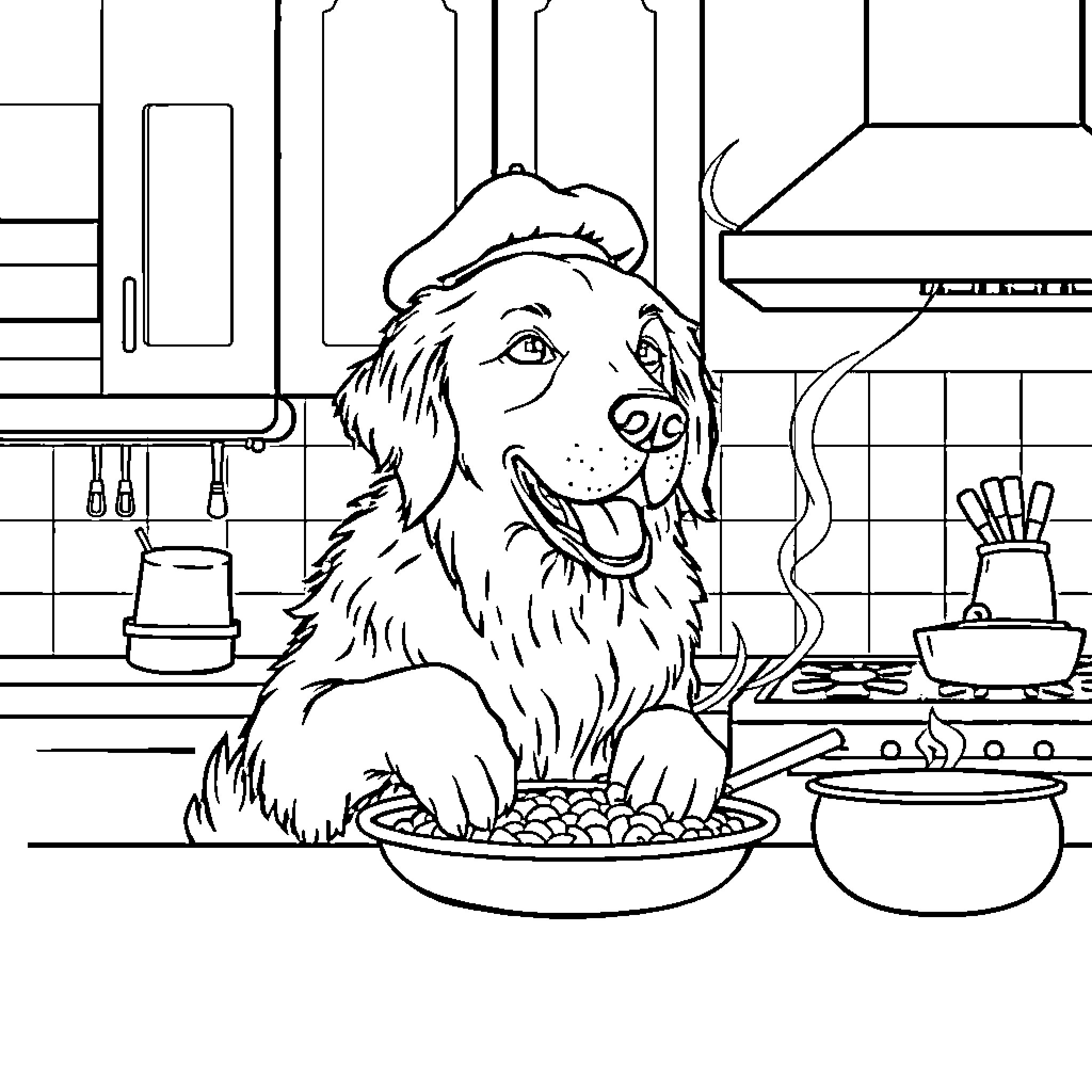 Golden Retriever Enjoying Meal in Cozy Kitchen Coloring Page (free black-and-white line drawing printable PDF for all, from beginners to advanced learners, including children, teens, adults, and seniors)