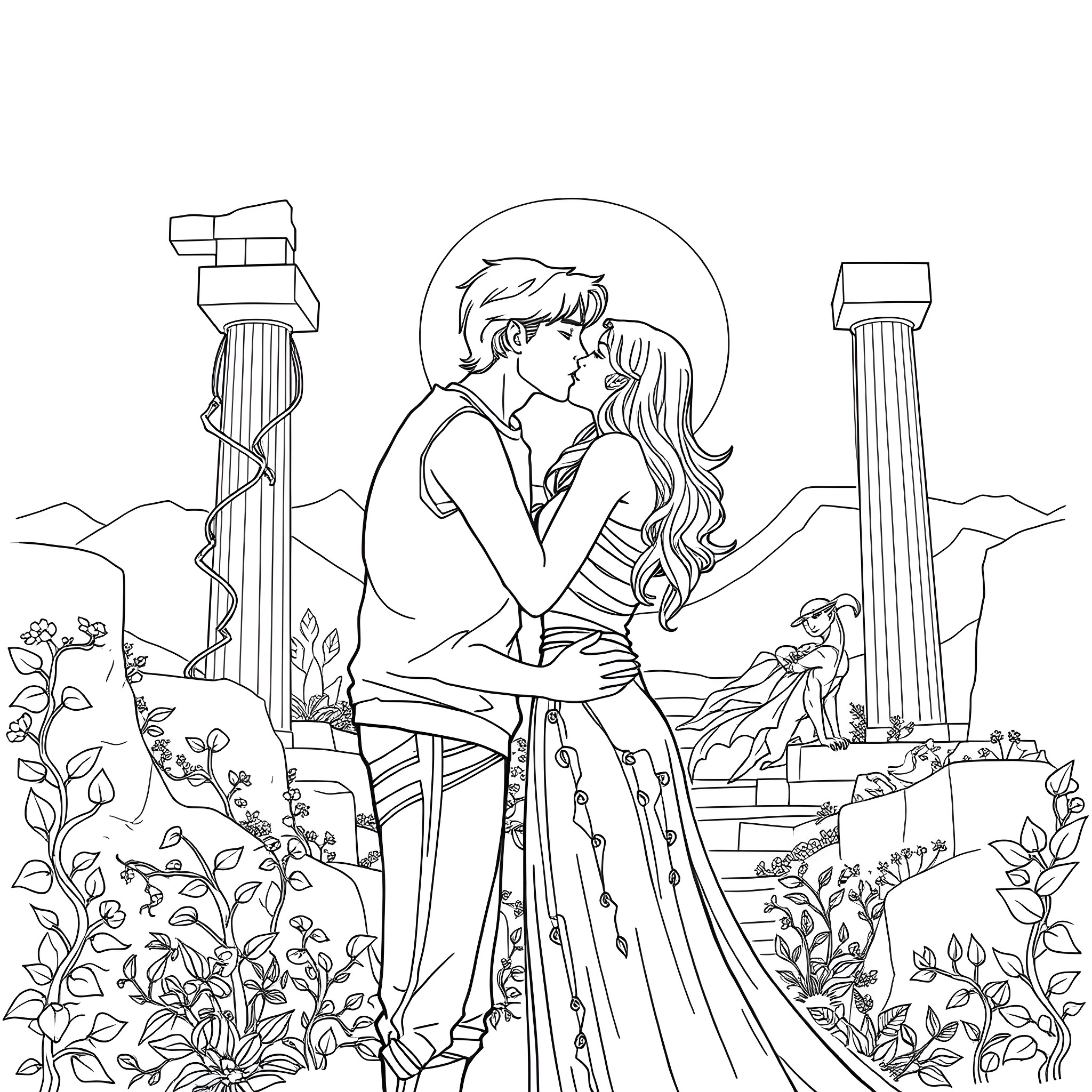 Percy Jackson and Annabeth Chase's romantic embrace in a mythical landscape Coloring Page (free black-and-white line drawing printable PDF for all, from beginners to advanced learners, including children, teens, adults, and seniors)
