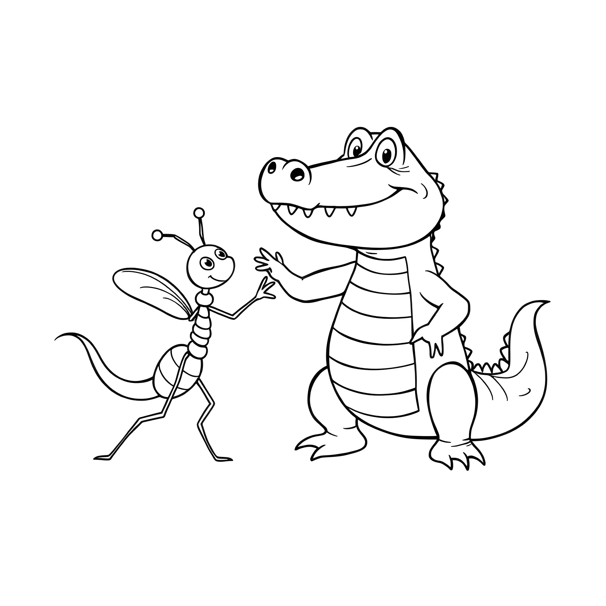 Ant and Alligator in Friendly Encounter Coloring Page (free black-and-white line drawing printable PDF for all, from beginners to advanced learners, including children, teens, adults, and seniors)