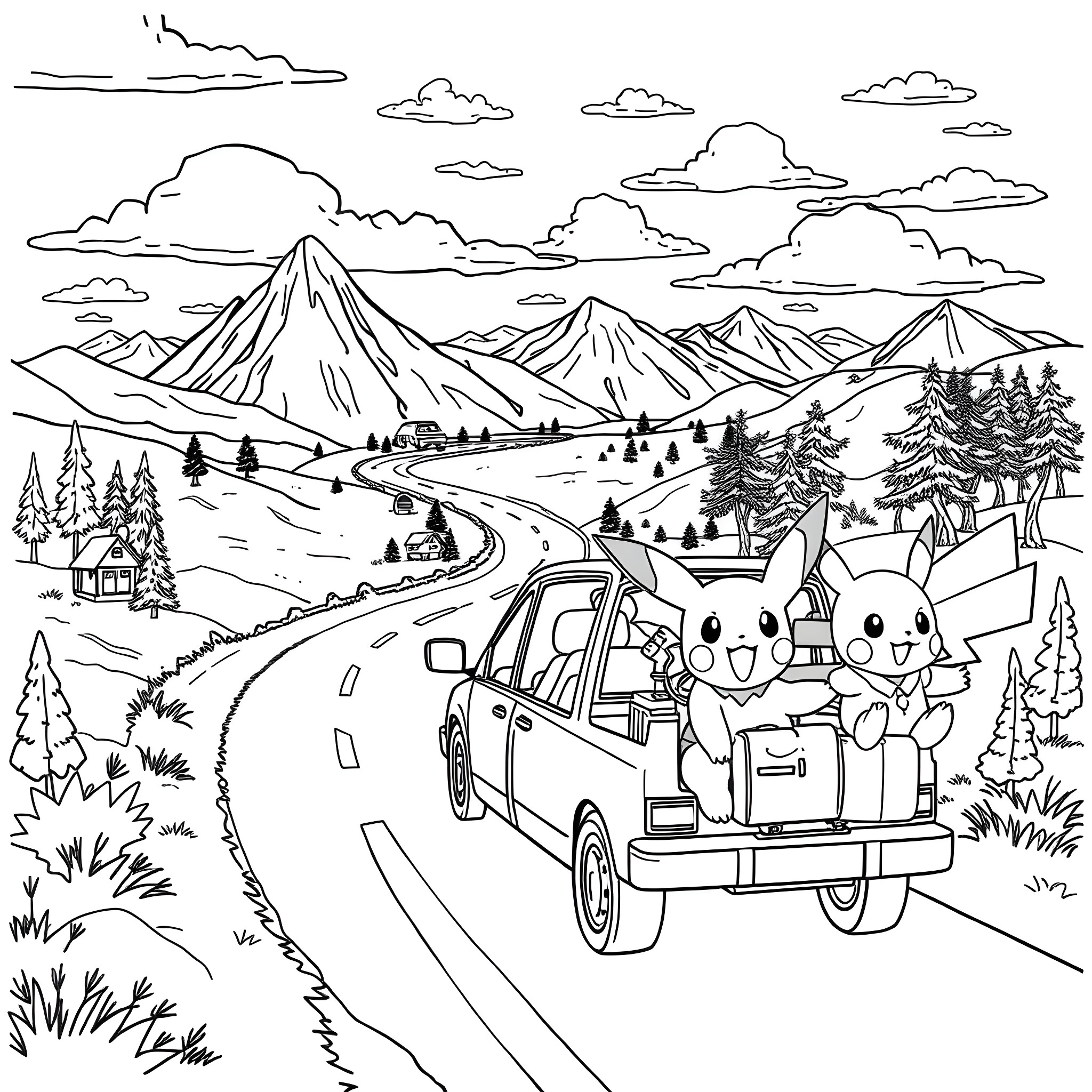Pokémon traveling in a car on a scenic mountain road Coloring Page (free black-and-white line drawing printable PDF for all, from beginners to advanced learners, including children, teens, adults, and seniors)