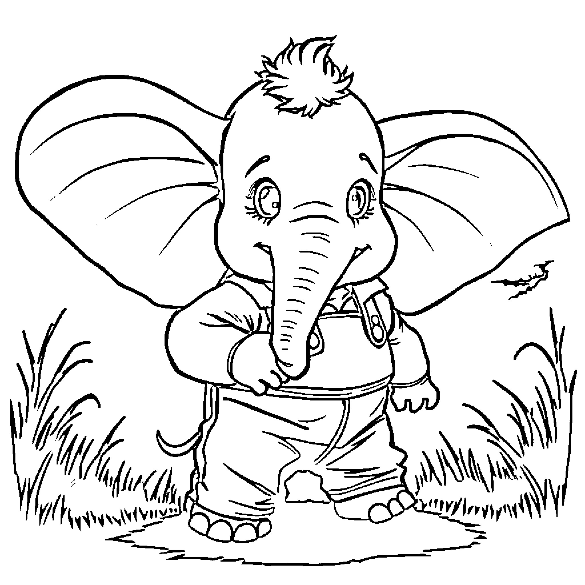 Dumbo the Elephant Exploring the Outdoors Coloring Page (free black-and-white line drawing printable PDF for all, from beginners to advanced learners, including children, teens, adults, and seniors)