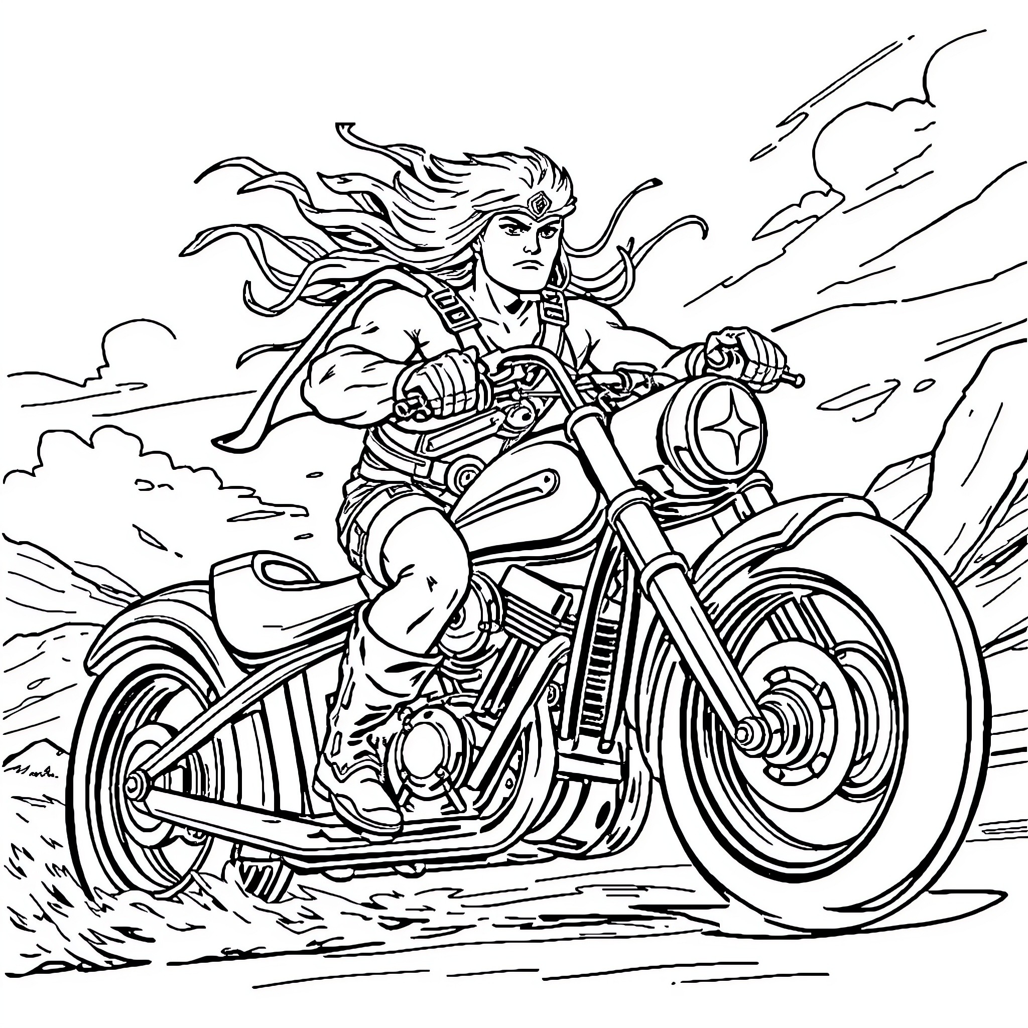 He-Man riding a powerful motorcycle in the wild Coloring Page (free black-and-white line drawing printable PDF for all, from beginners to advanced learners, including children, teens, adults, and seniors)