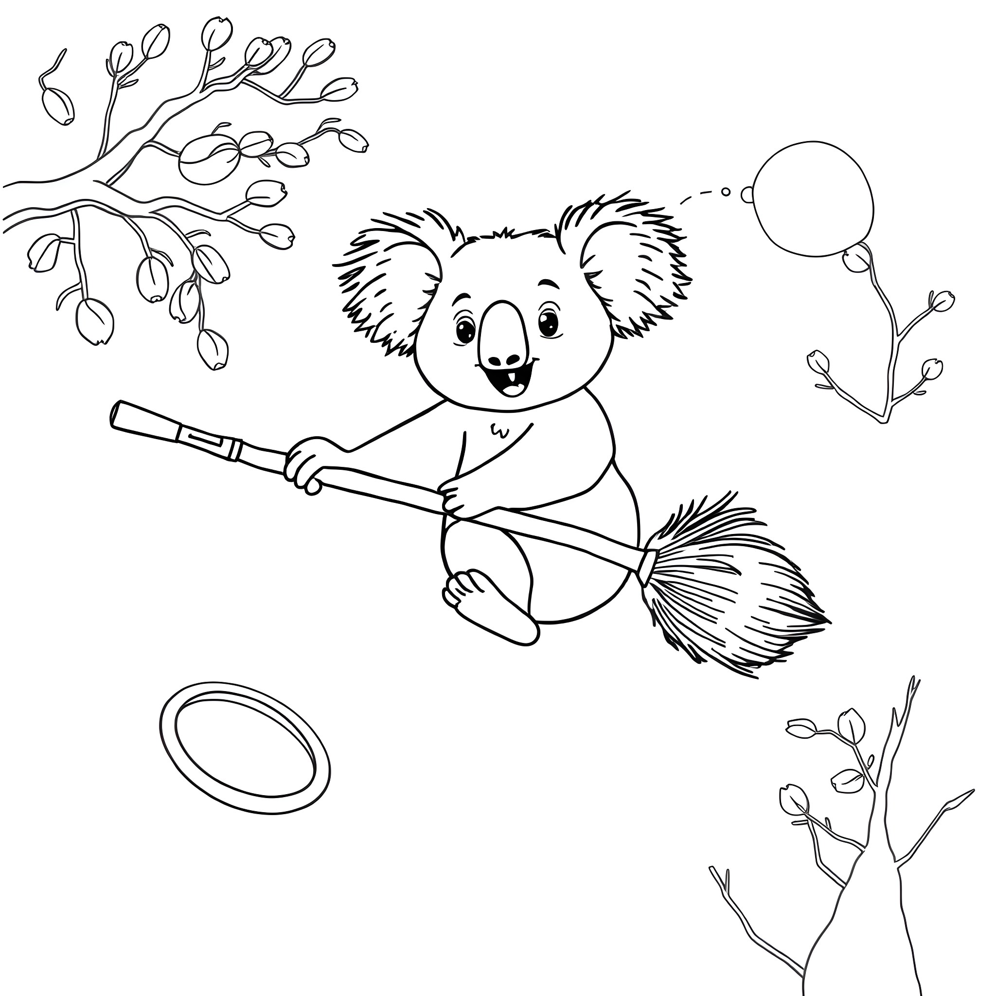 Koala sweeping leaves with a broom Coloring Page (free black-and-white line drawing printable PDF for all, from beginners to advanced learners, including children, teens, adults, and seniors)