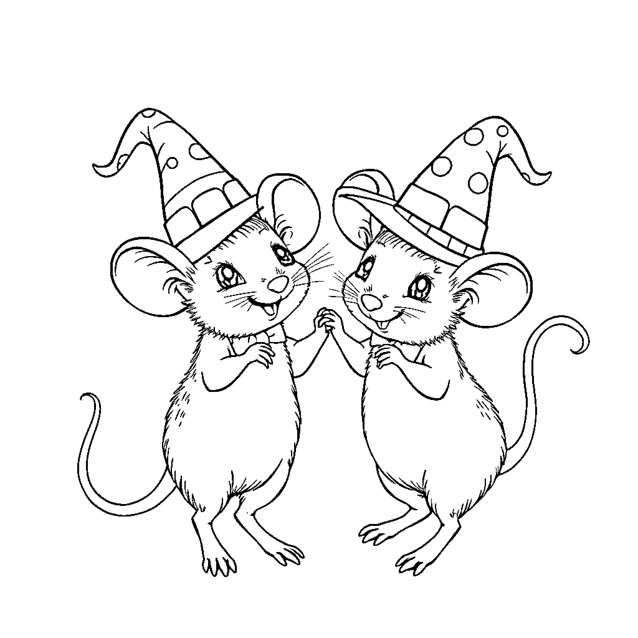 Mouse friends celebrating in whimsical party hats Coloring Page (free black-and-white line drawing printable PDF for all, from beginners to advanced learners, including children, teens, adults, and seniors)