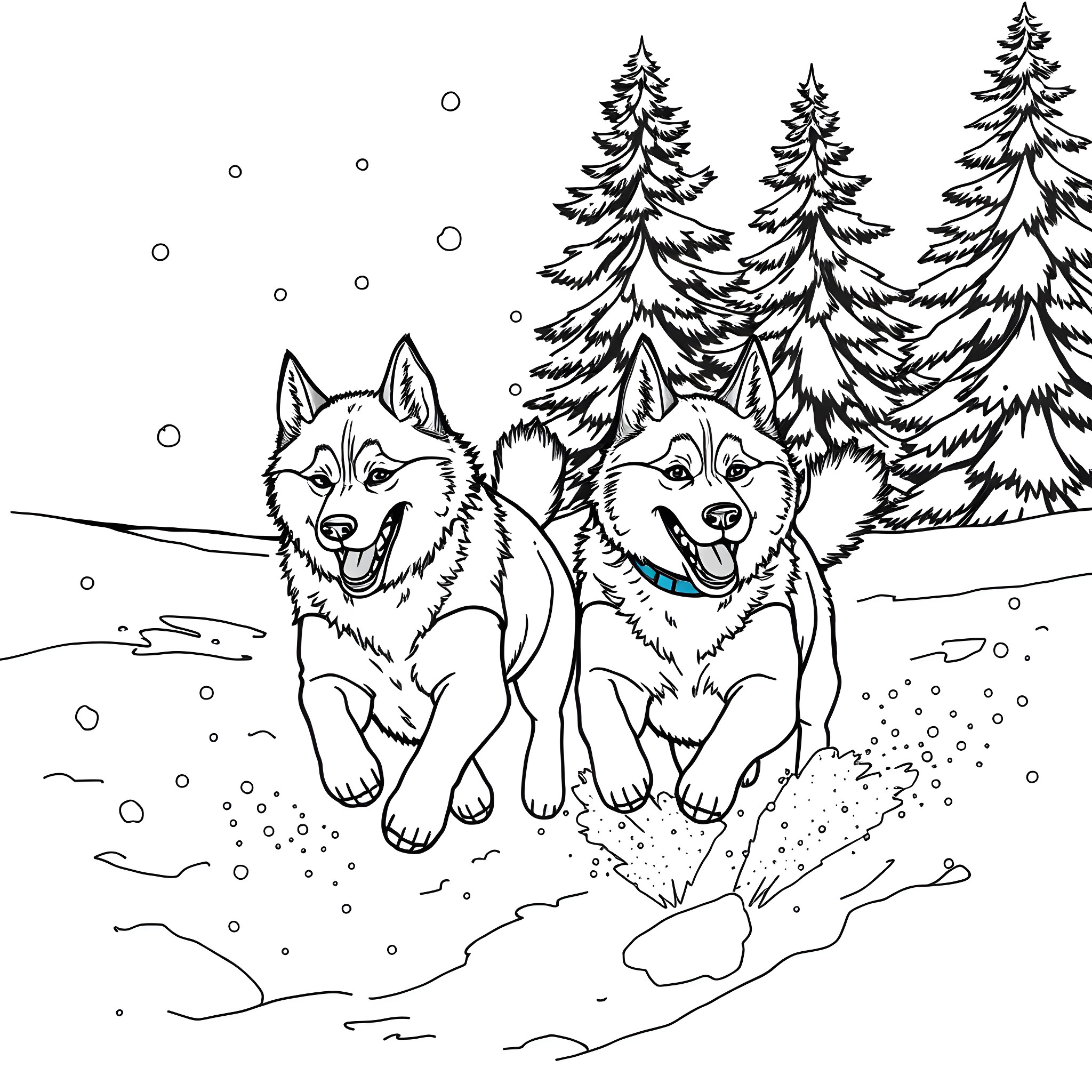 Husky dogs playing in the snowy forest Coloring Page (free black-and-white line drawing printable PDF for all, from beginners to advanced learners, including children, teens, adults, and seniors)