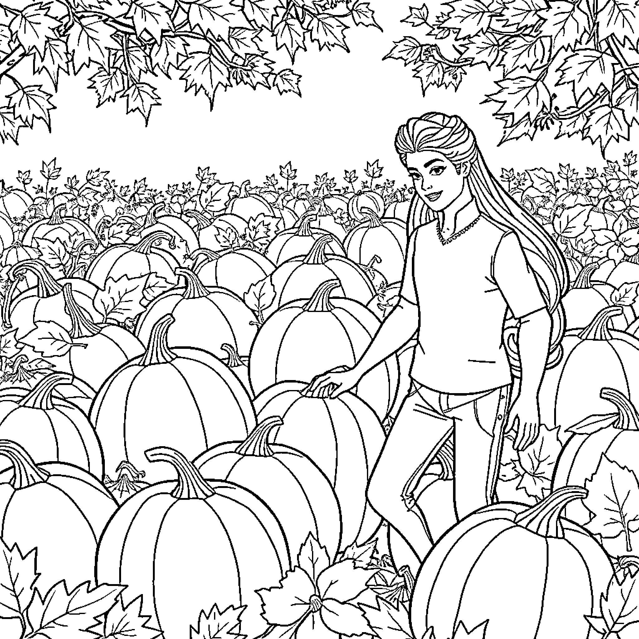 Barbie in the Pumpkin Patch Coloring Page (free black-and-white line drawing printable PDF for all, from beginners to advanced learners, including children, teens, adults, and seniors)