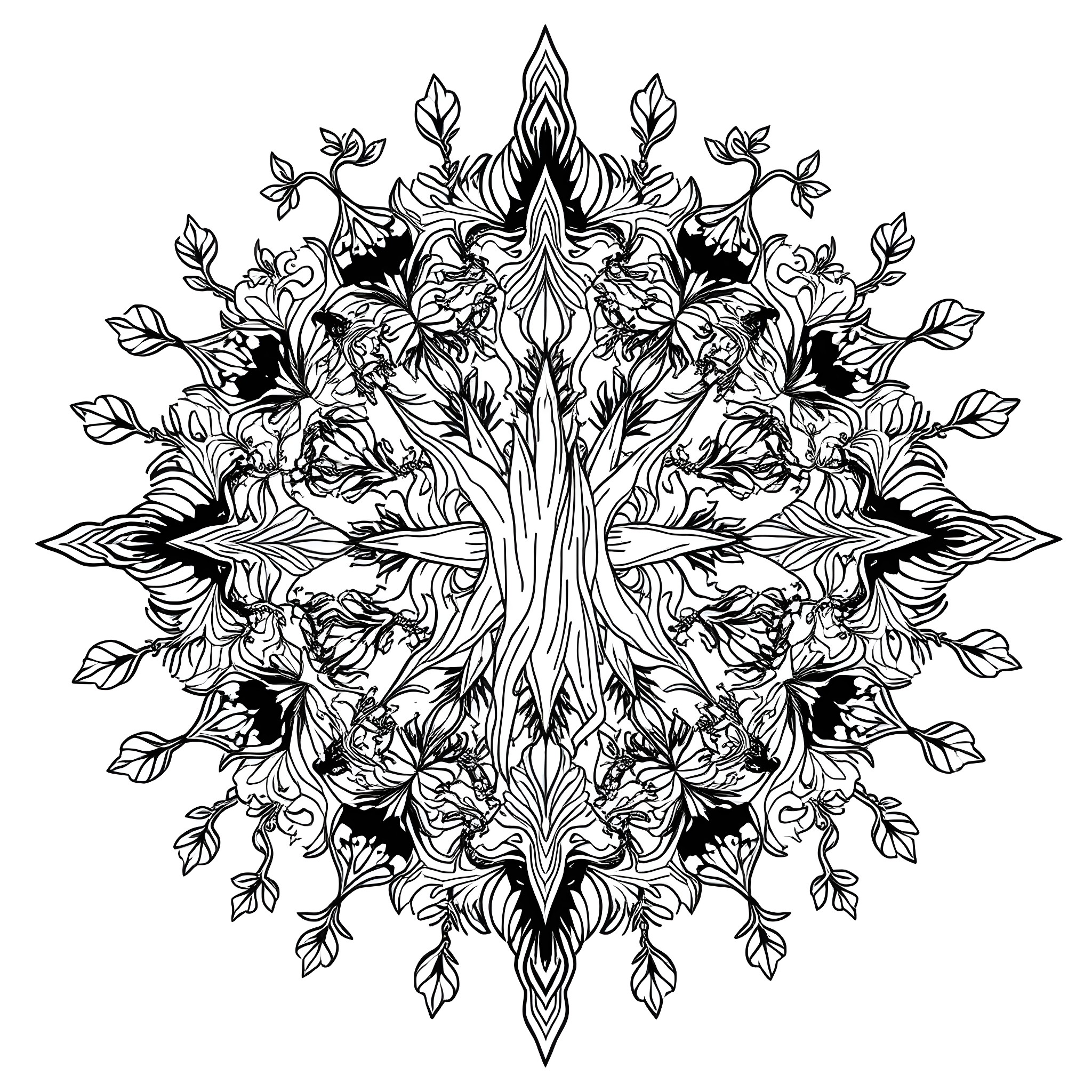 Mandala composed of intricate floral and leaf patterns Coloring Page (free black-and-white line drawing printable PDF for all, from beginners to advanced learners, including children, teens, adults, and seniors)