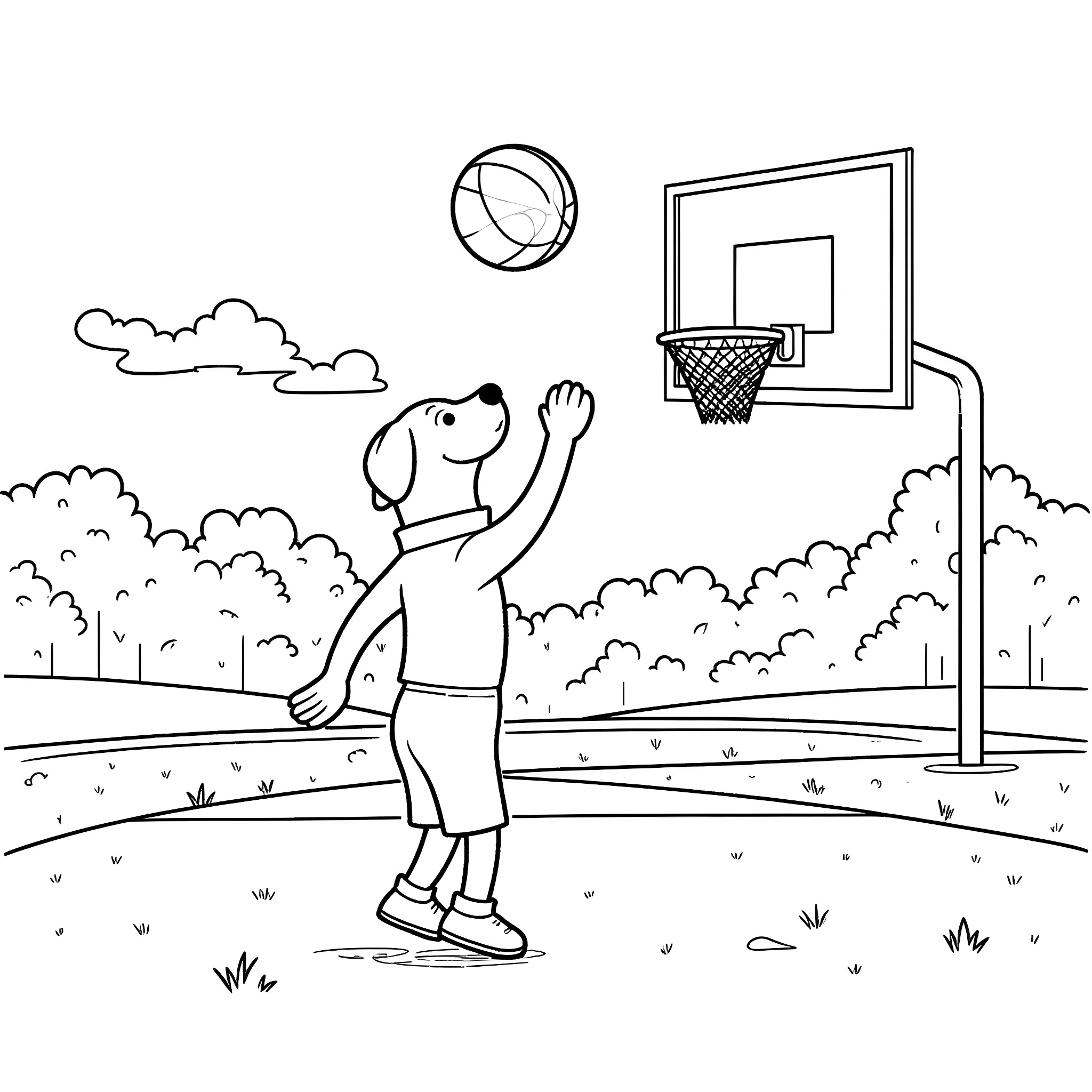 Dog playing basketball on outdoor court Coloring Page (free black-and-white line drawing printable PDF for all, from beginners to advanced learners, including children, teens, adults, and seniors)