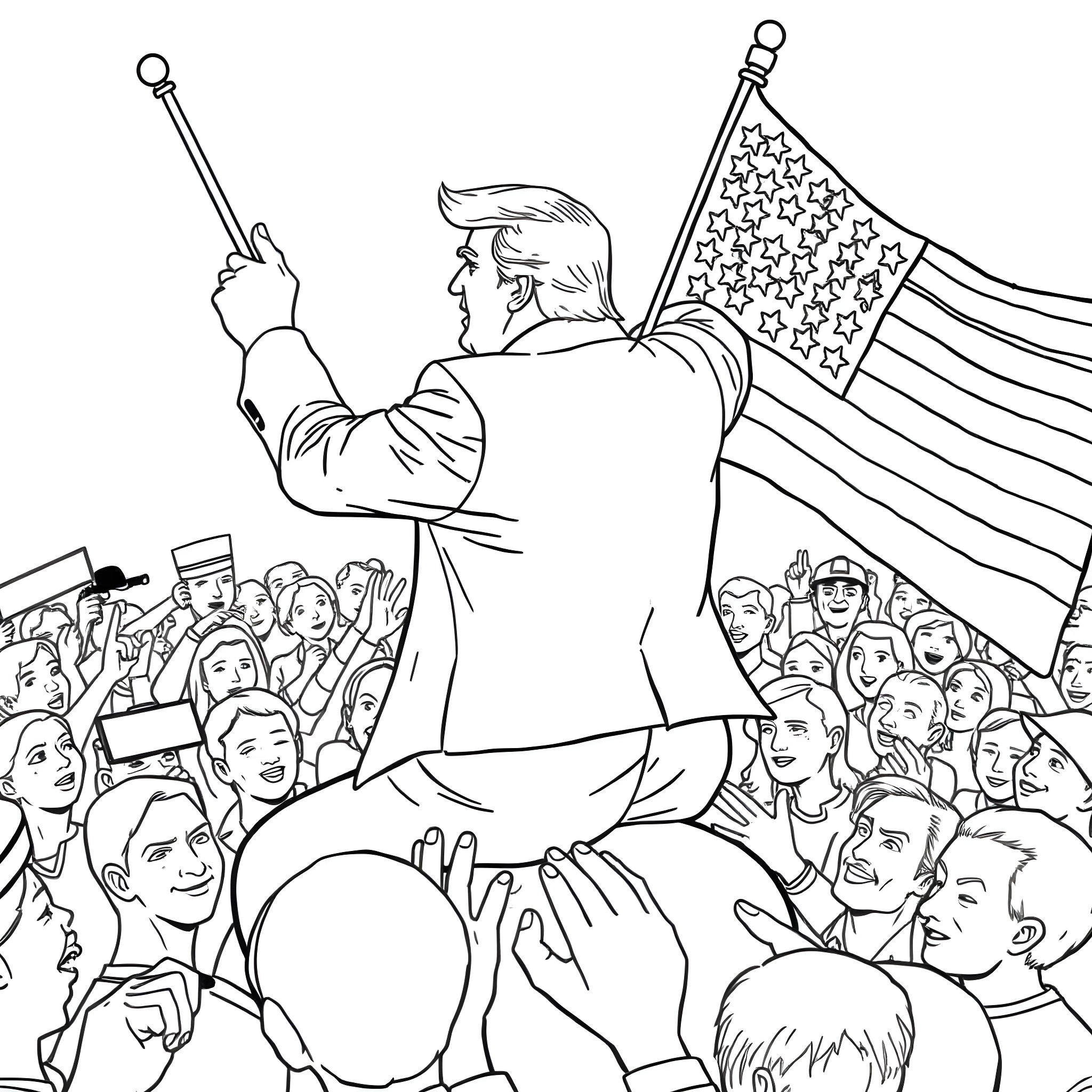 Donald Trump speaking passionately at a rally with American flag Coloring Page (free black-and-white line drawing printable PDF for all, from beginners to advanced learners, including children, teens, adults, and seniors)