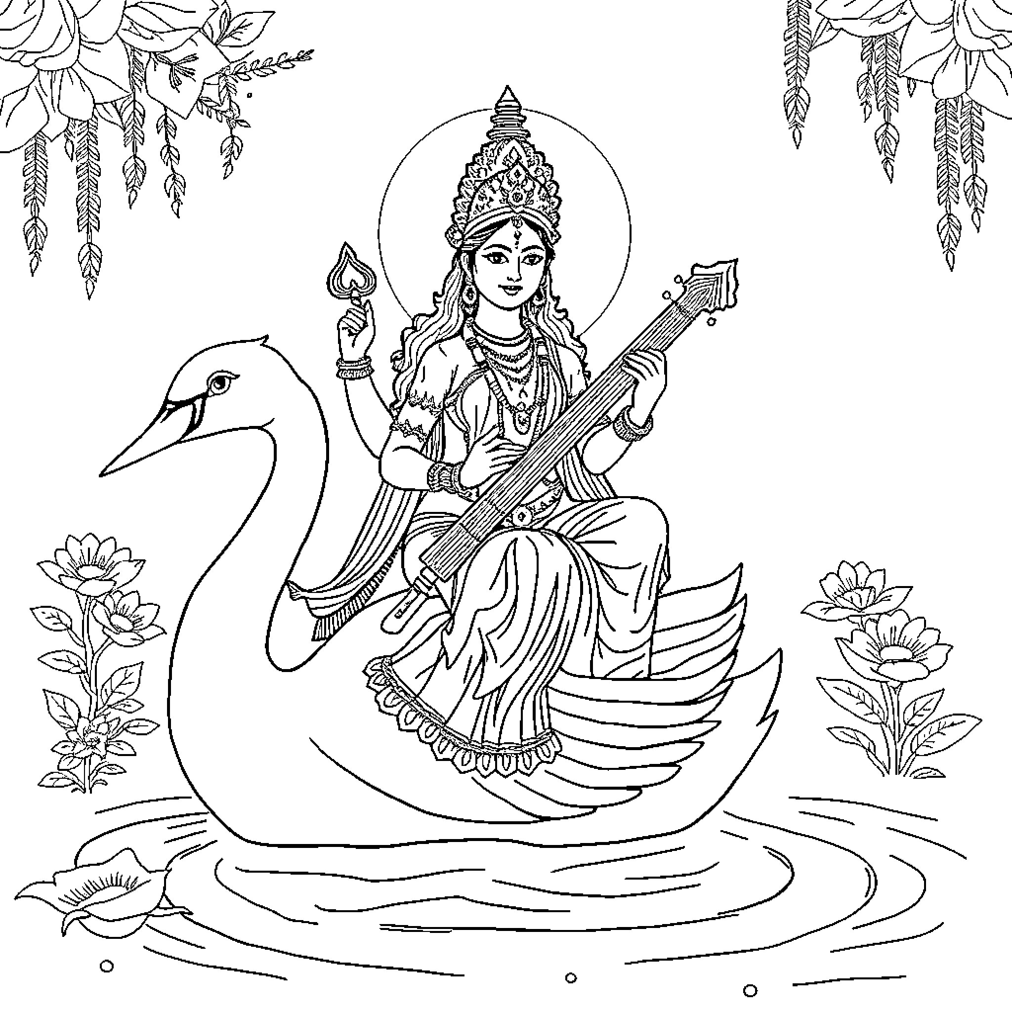 Goddess Saraswati playing the veena on a swan Coloring Page (free black-and-white line drawing printable PDF for all, from beginners to advanced learners, including children, teens, adults, and seniors)