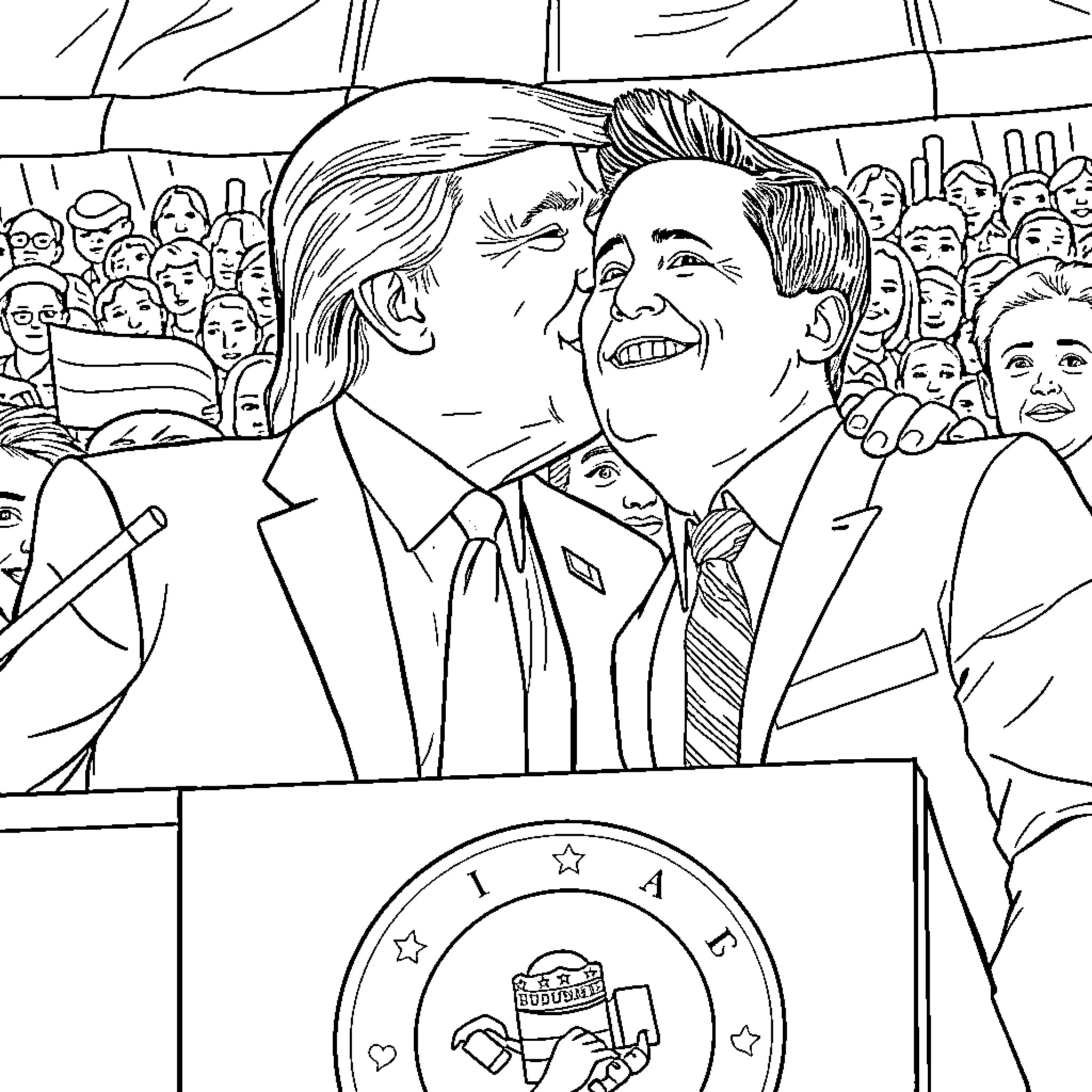 Trump and Biden Interacting at a Political Event Coloring Page (free black-and-white line drawing printable PDF for all, from beginners to advanced learners, including children, teens, adults, and seniors)