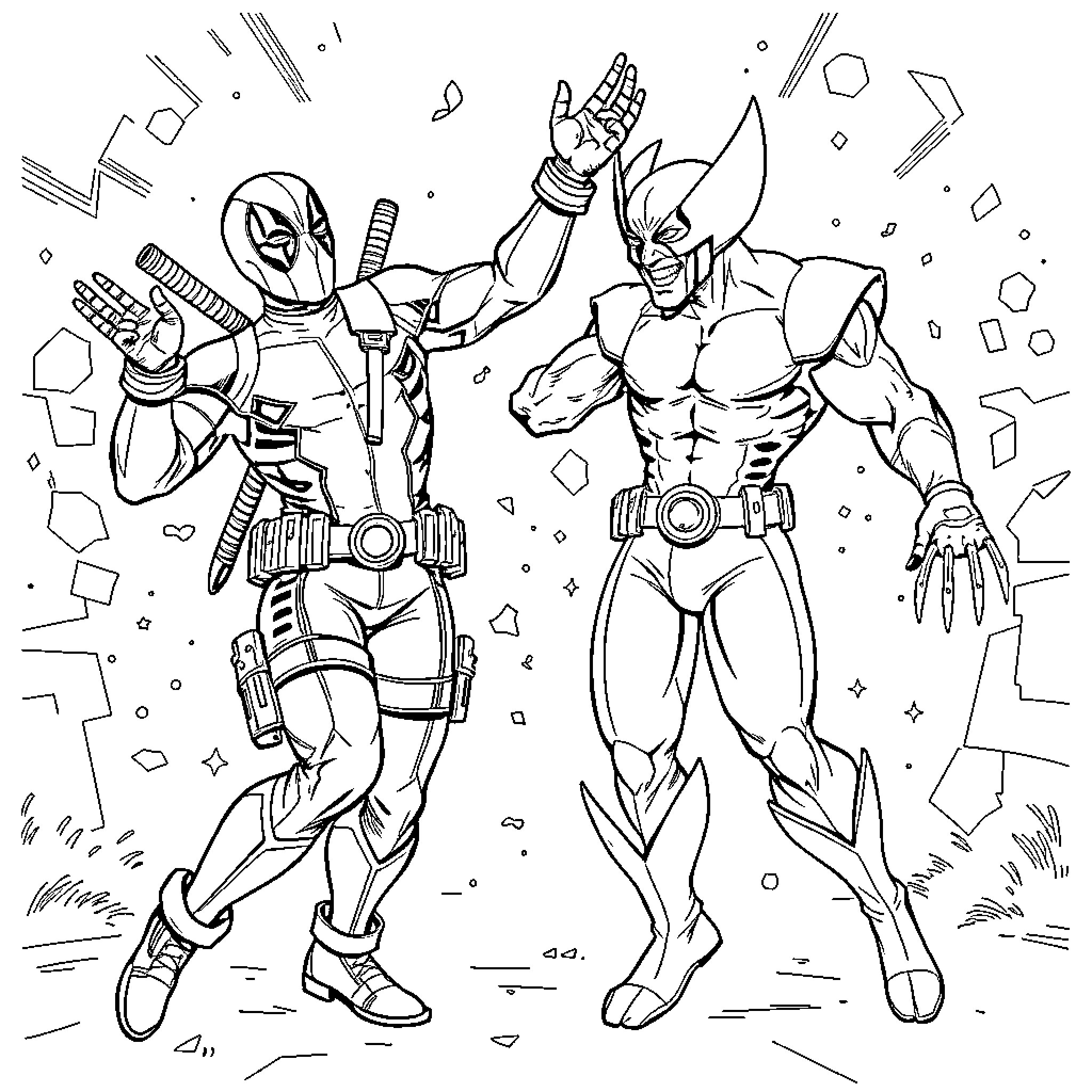 Deadpool and Wolverine in action-packed battle Coloring Page (free black-and-white line drawing printable PDF for all, from beginners to advanced learners, including children, teens, adults, and seniors)