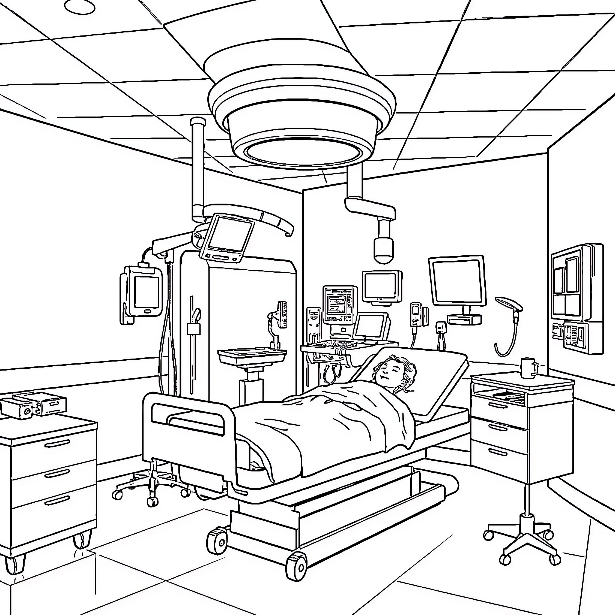 Radiation Therapy Room with Patient Receiving Treatment Coloring Page (free black-and-white line drawing printable PDF for all, from beginners to advanced learners, including children, teens, adults, and seniors)