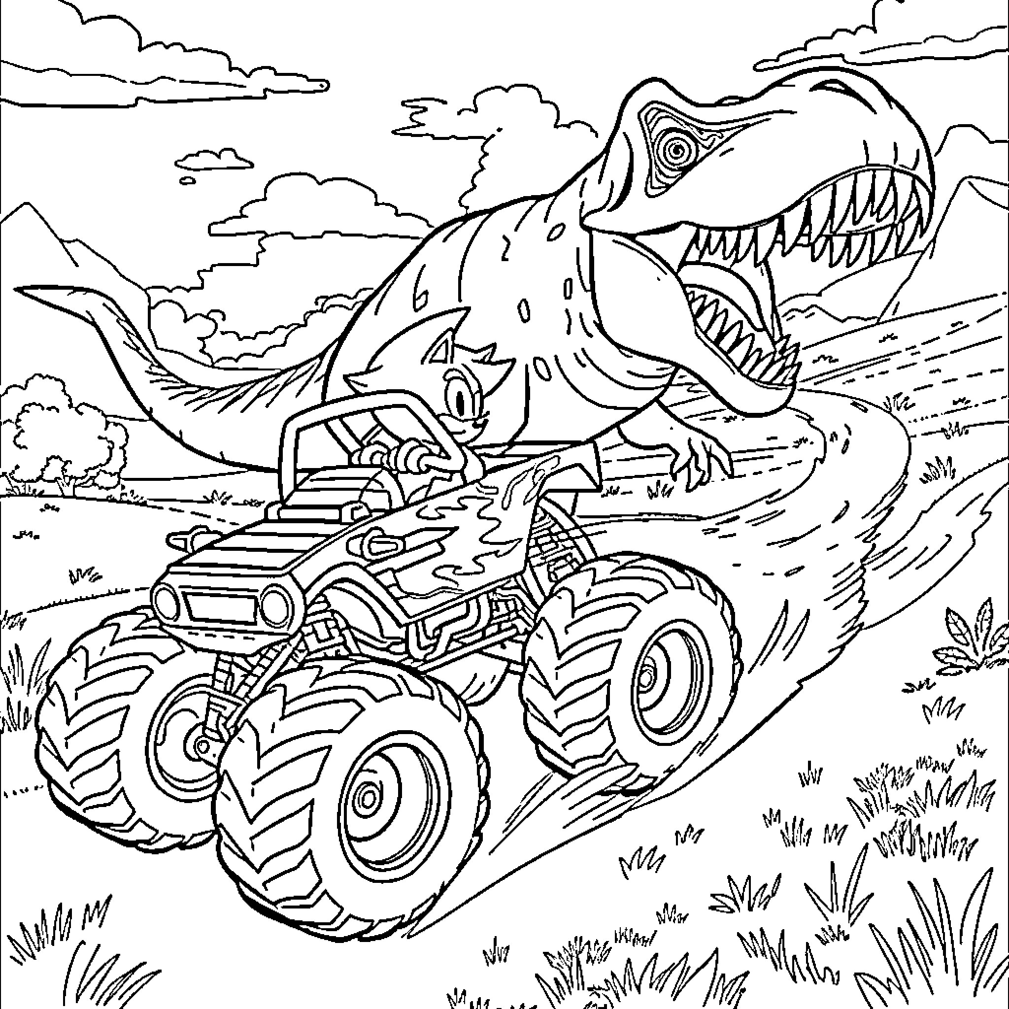 Sonic's Extreme Monster Truck Adventure Coloring Page (free black-and-white line drawing printable PDF for all, from beginners to advanced learners, including children, teens, adults, and seniors)