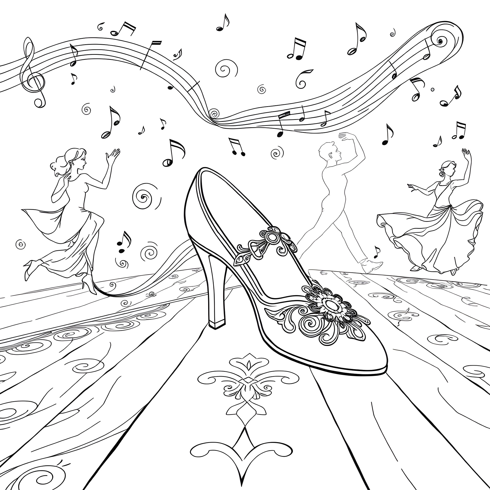Ball Shoe dancing with musical notes Coloring Page (free black-and-white line drawing printable PDF for all, from beginners to advanced learners, including children, teens, adults, and seniors)