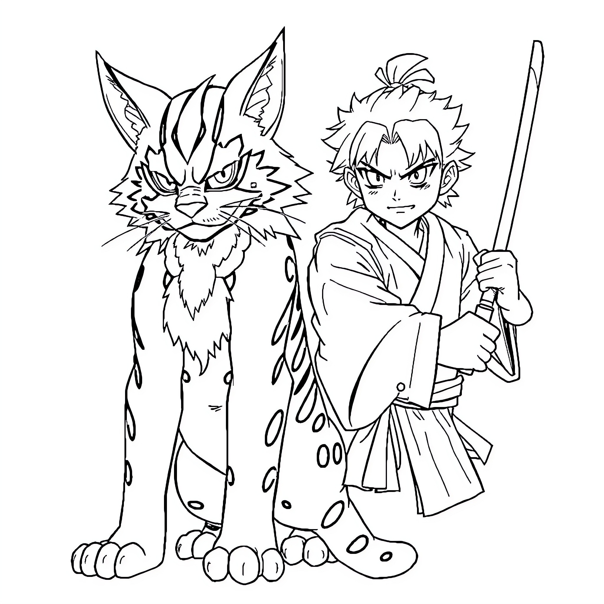 Sukuna and the Fearsome Feline: A Warrior's Encounter Coloring Page (free black-and-white line drawing printable PDF for all, from beginners to advanced learners, including children, teens, adults, and seniors)