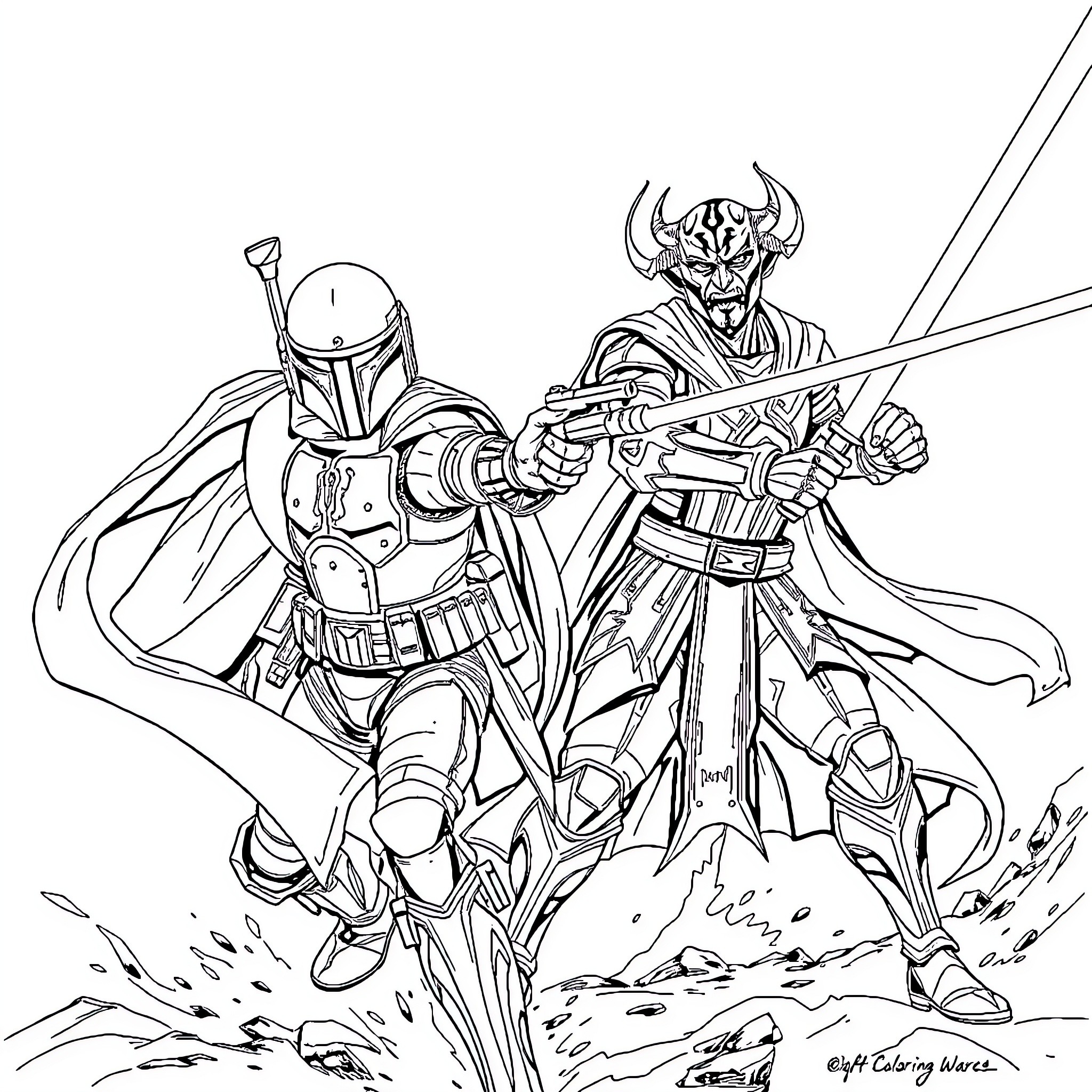 Boba Fett and Sith Lord in Fierce Battle Coloring Page (free black-and-white line drawing printable PDF for all, from beginners to advanced learners, including children, teens, adults, and seniors)