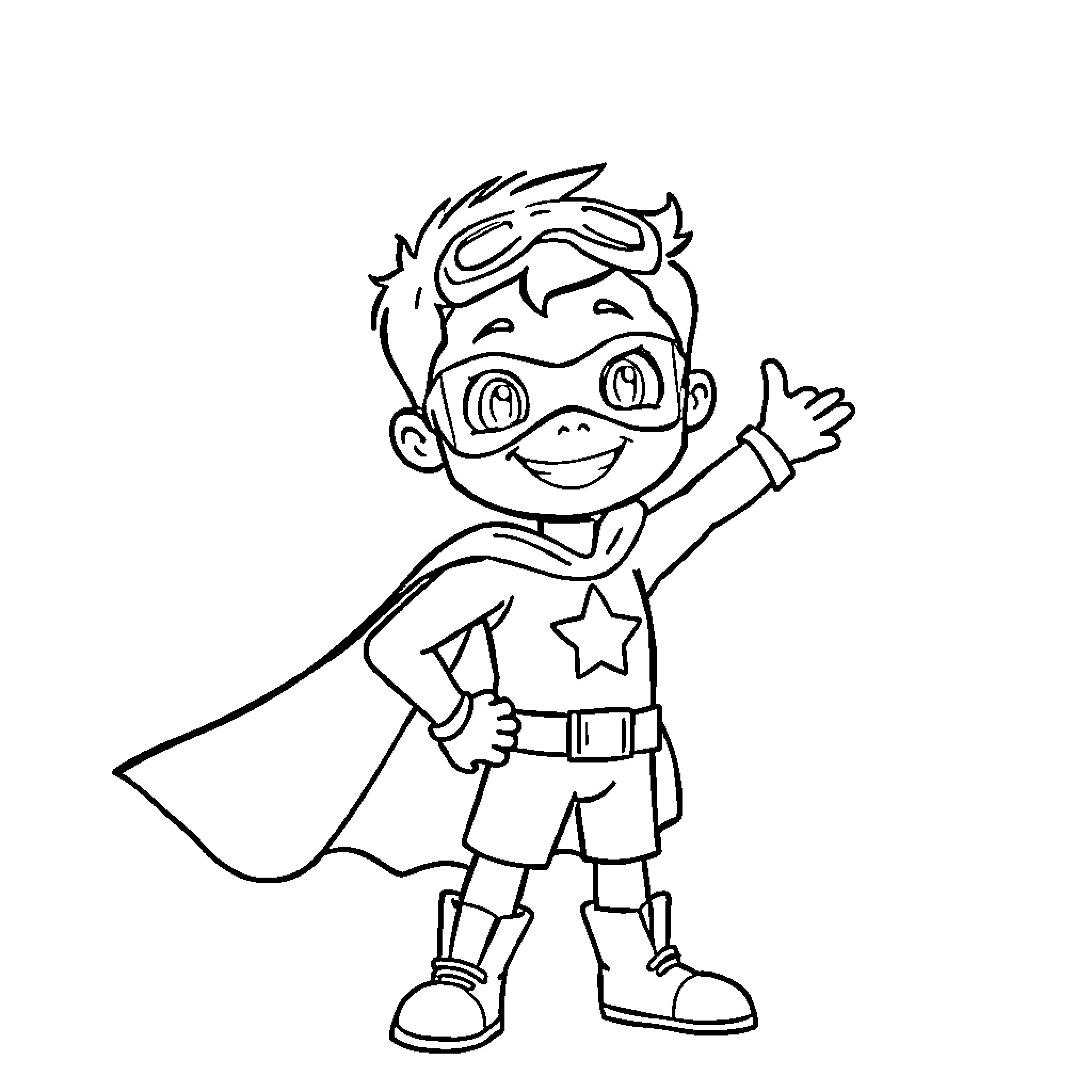 Superhero Boy in Costume Striking a Pose Coloring Page (free black-and-white line drawing printable PDF for all, from beginners to advanced learners, including children, teens, adults, and seniors)