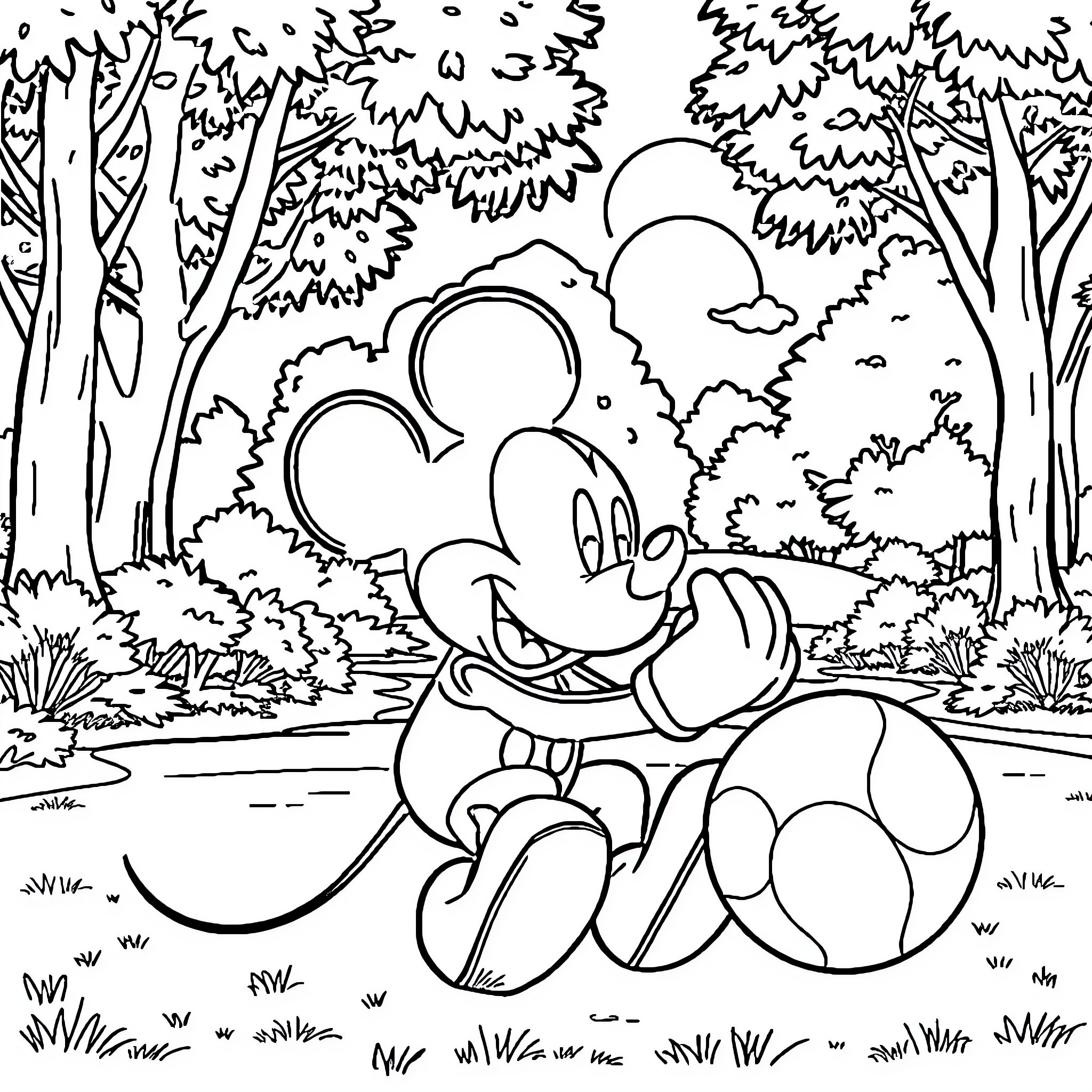 Mickey Mouse relaxing in the serene forest Coloring Page (free black-and-white line drawing printable PDF for all, from beginners to advanced learners, including children, teens, adults, and seniors)