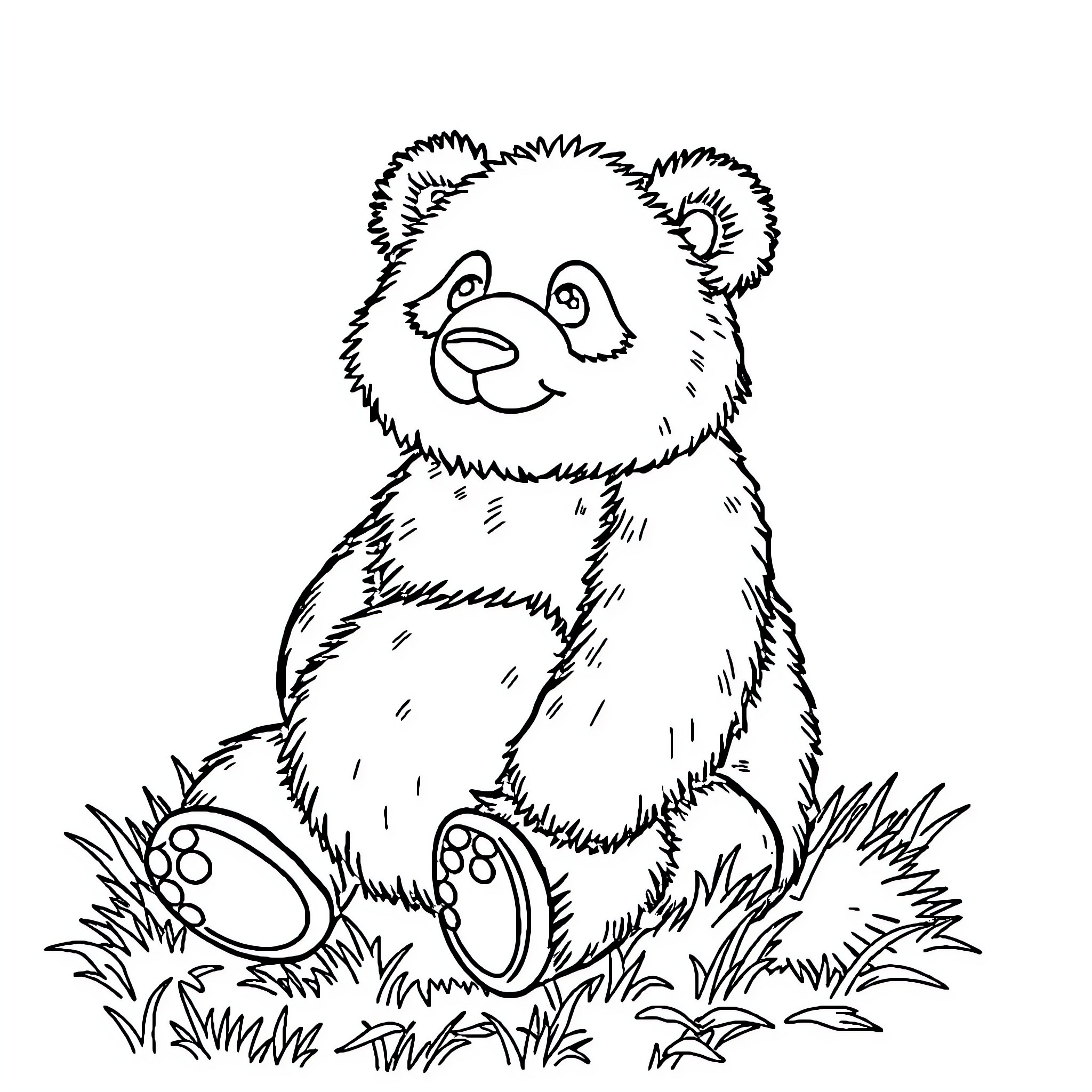 Panda sitting happily in the grass Coloring Page (free black-and-white line drawing printable PDF for all, from beginners to advanced learners, including children, teens, adults, and seniors)