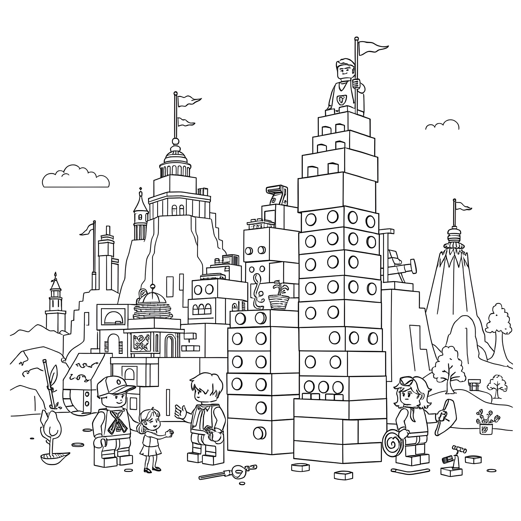 Lego characters exploring a fantastical city Coloring Page (free black-and-white line drawing printable PDF for all, from beginners to advanced learners, including children, teens, adults, and seniors)