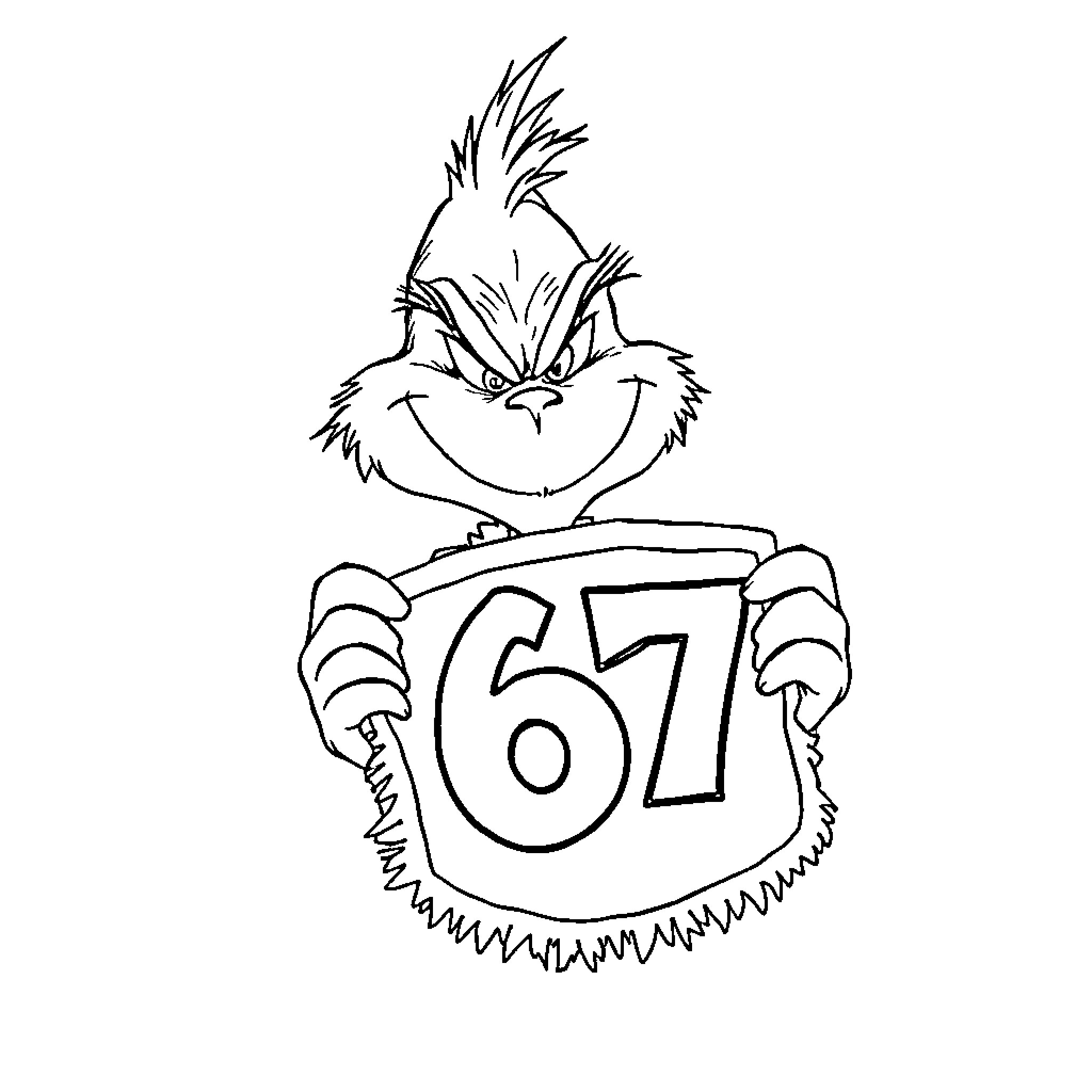 Grinch holding number 67 sign with mischievous expression Coloring Page (free black-and-white line drawing printable PDF for all, from beginners to advanced learners, including children, teens, adults, and seniors)