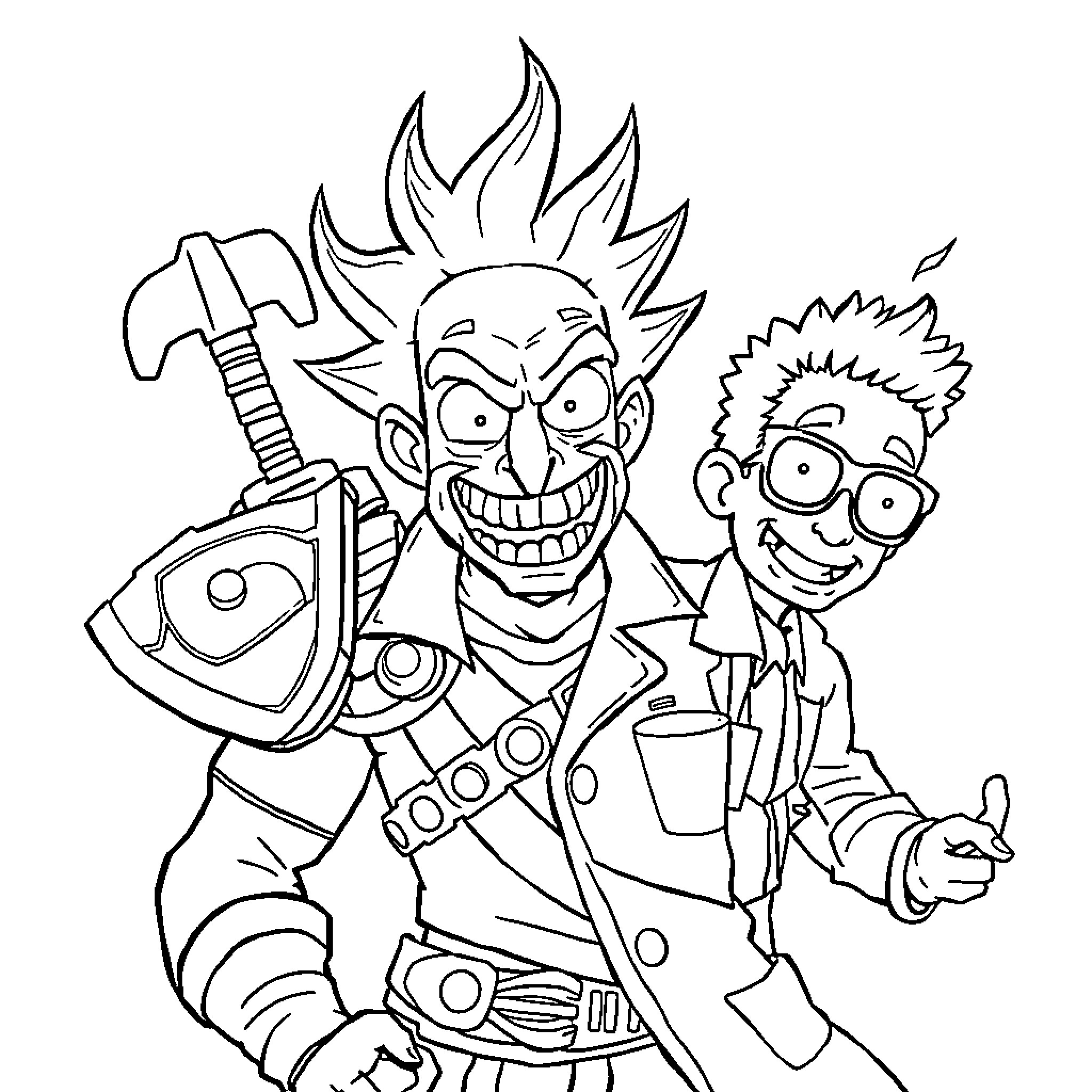 Kratos and Crash Bandicoot in an Animated Adventure Coloring Page (free black-and-white line drawing printable PDF for all, from beginners to advanced learners, including children, teens, adults, and seniors)
