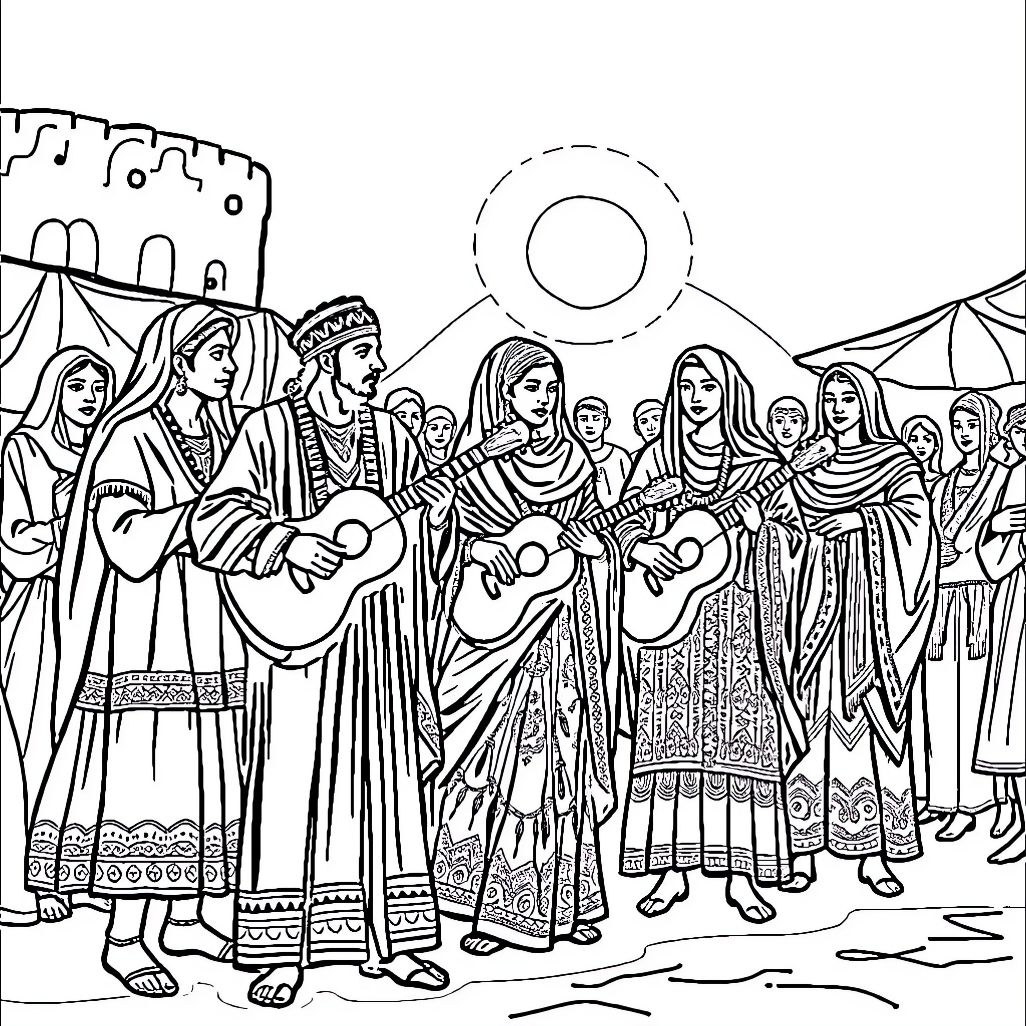 Tamazight Festival Celebration with Traditional Attire and Music Coloring Page (free black-and-white line drawing printable PDF for all, from beginners to advanced learners, including children, teens, adults, and seniors)