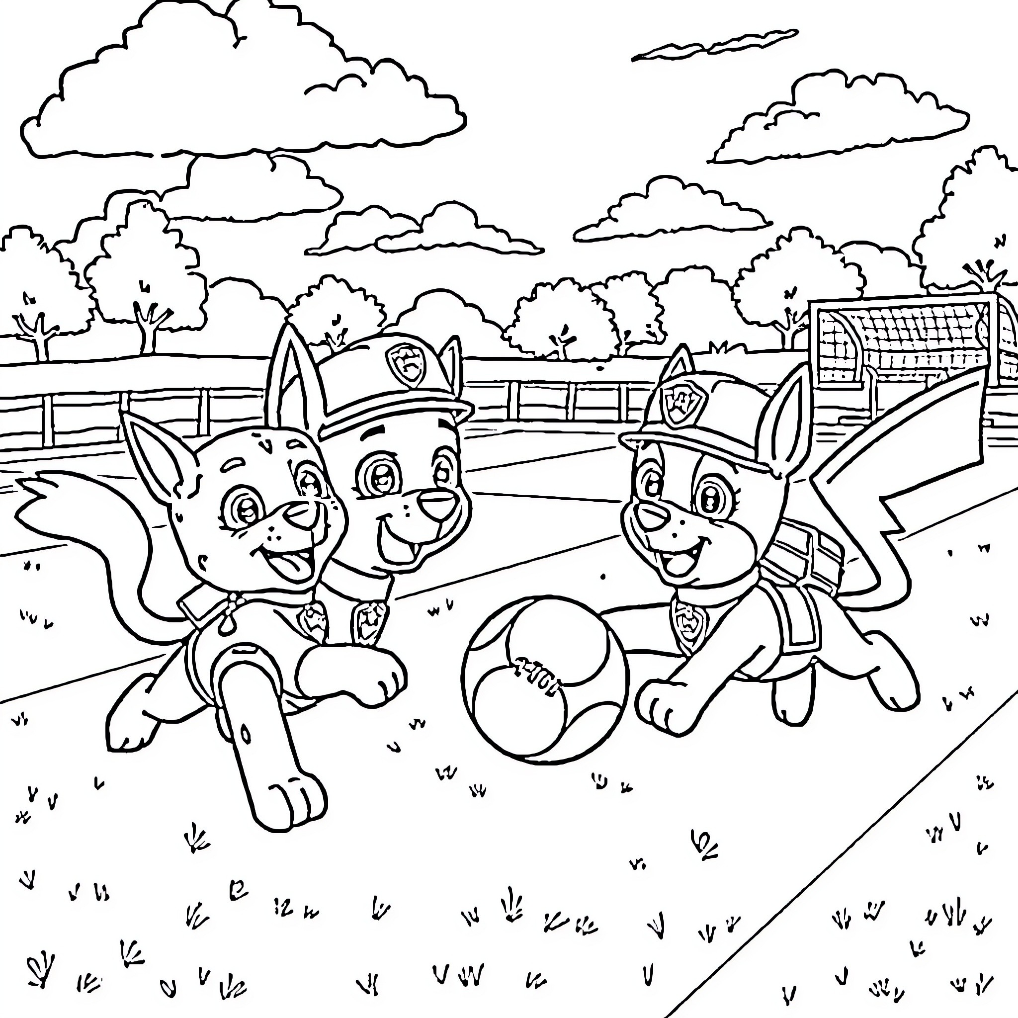 Paw Patrol puppies playing joyfully in a park Coloring Page (free black-and-white line drawing printable PDF for all, from beginners to advanced learners, including children, teens, adults, and seniors)