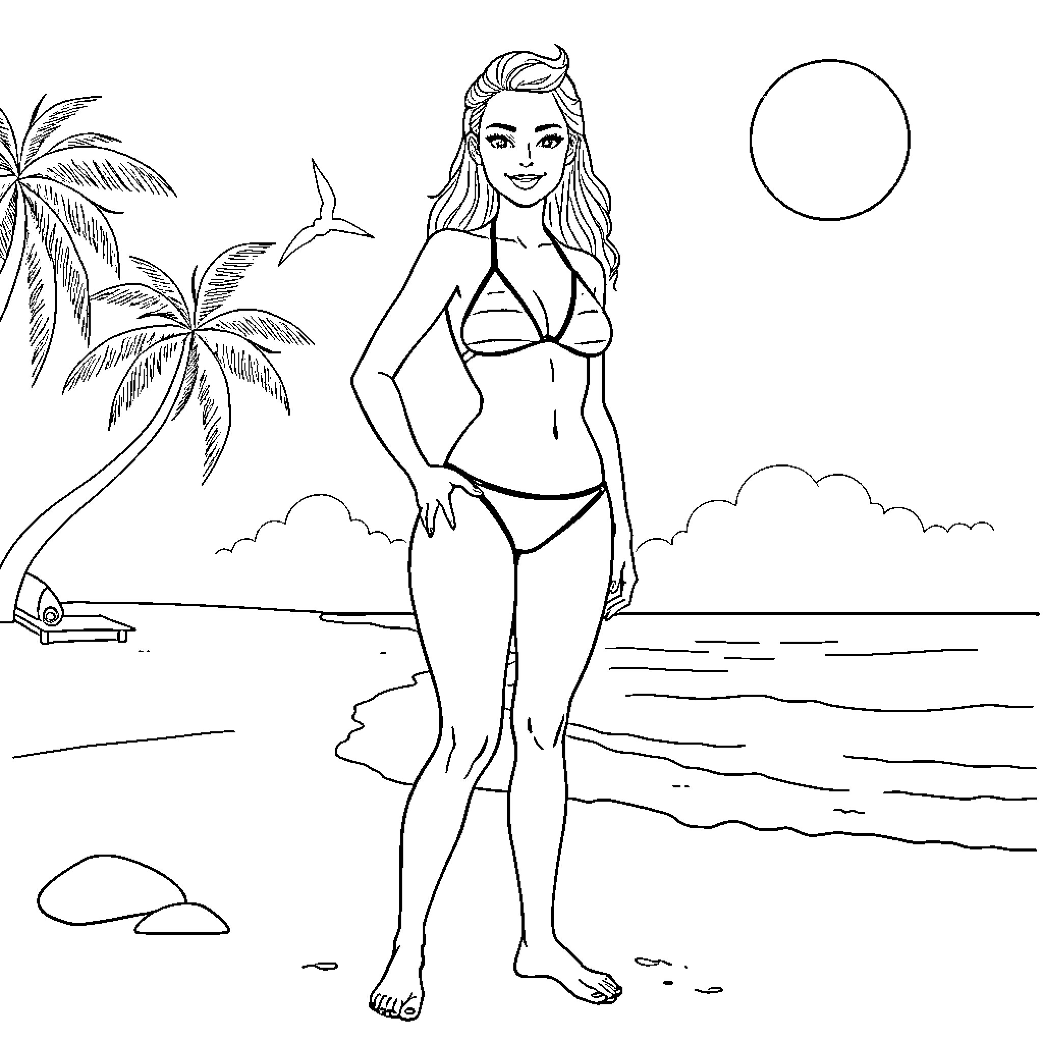 Woman enjoying beach scenery in swimwear Coloring Page (free black-and-white line drawing printable PDF for all, from beginners to advanced learners, including children, teens, adults, and seniors)