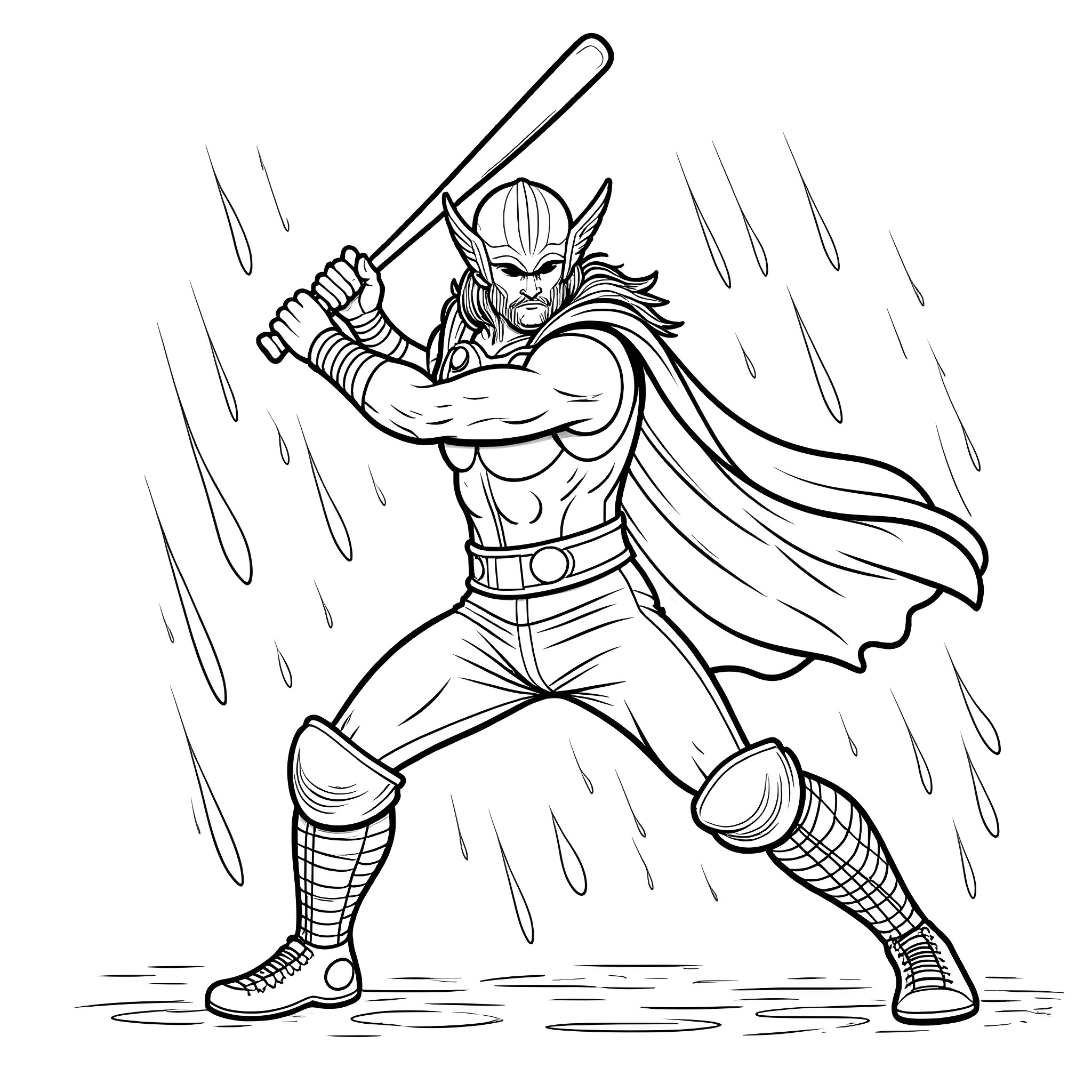 Thor wielding his mighty hammer in the rain Coloring Page (free black-and-white line drawing printable PDF for all, from beginners to advanced learners, including children, teens, adults, and seniors)
