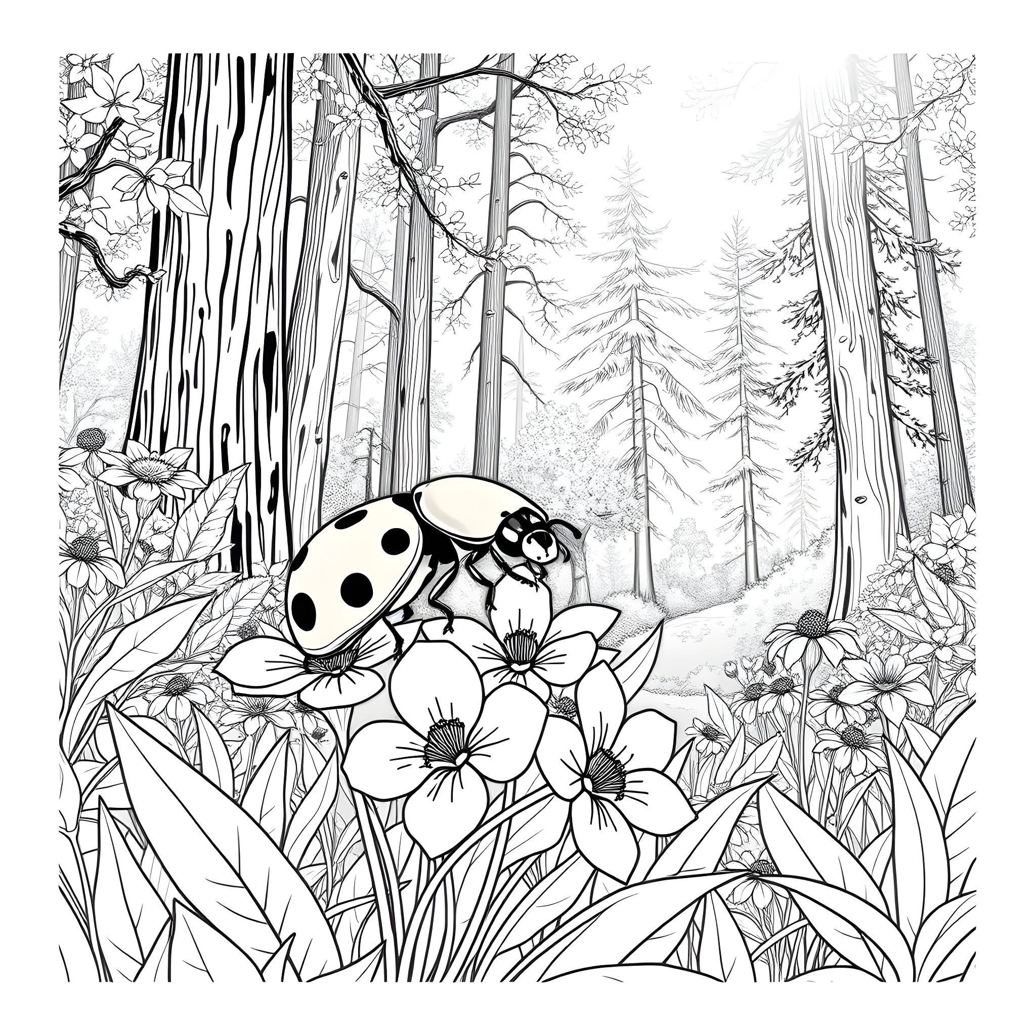 Ladybug exploring the enchanted forest Coloring Page (free black-and-white line drawing printable PDF for all, from beginners to advanced learners, including children, teens, adults, and seniors)