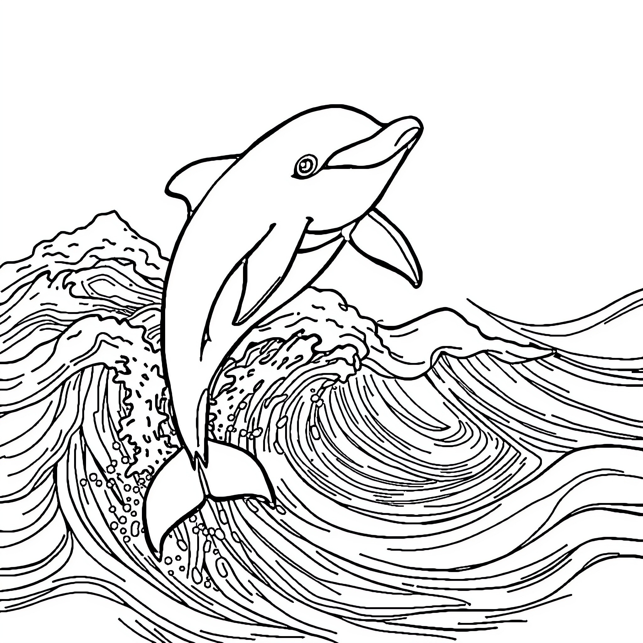 Dolphin riding ocean waves Coloring Page (free black-and-white line drawing printable PDF for all, from beginners to advanced learners, including children, teens, adults, and seniors)