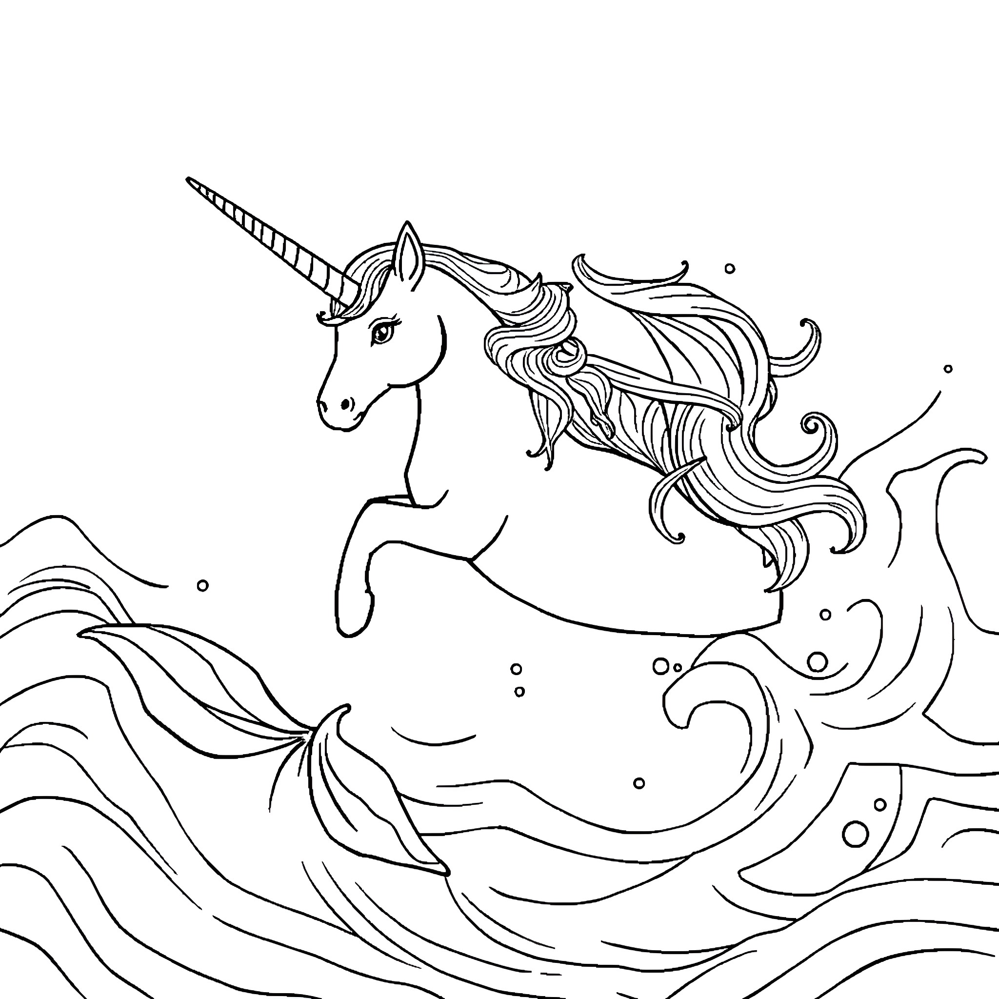 Unicorn galloping across majestic waves Coloring Page (free black-and-white line drawing printable PDF for all, from beginners to advanced learners, including children, teens, adults, and seniors)