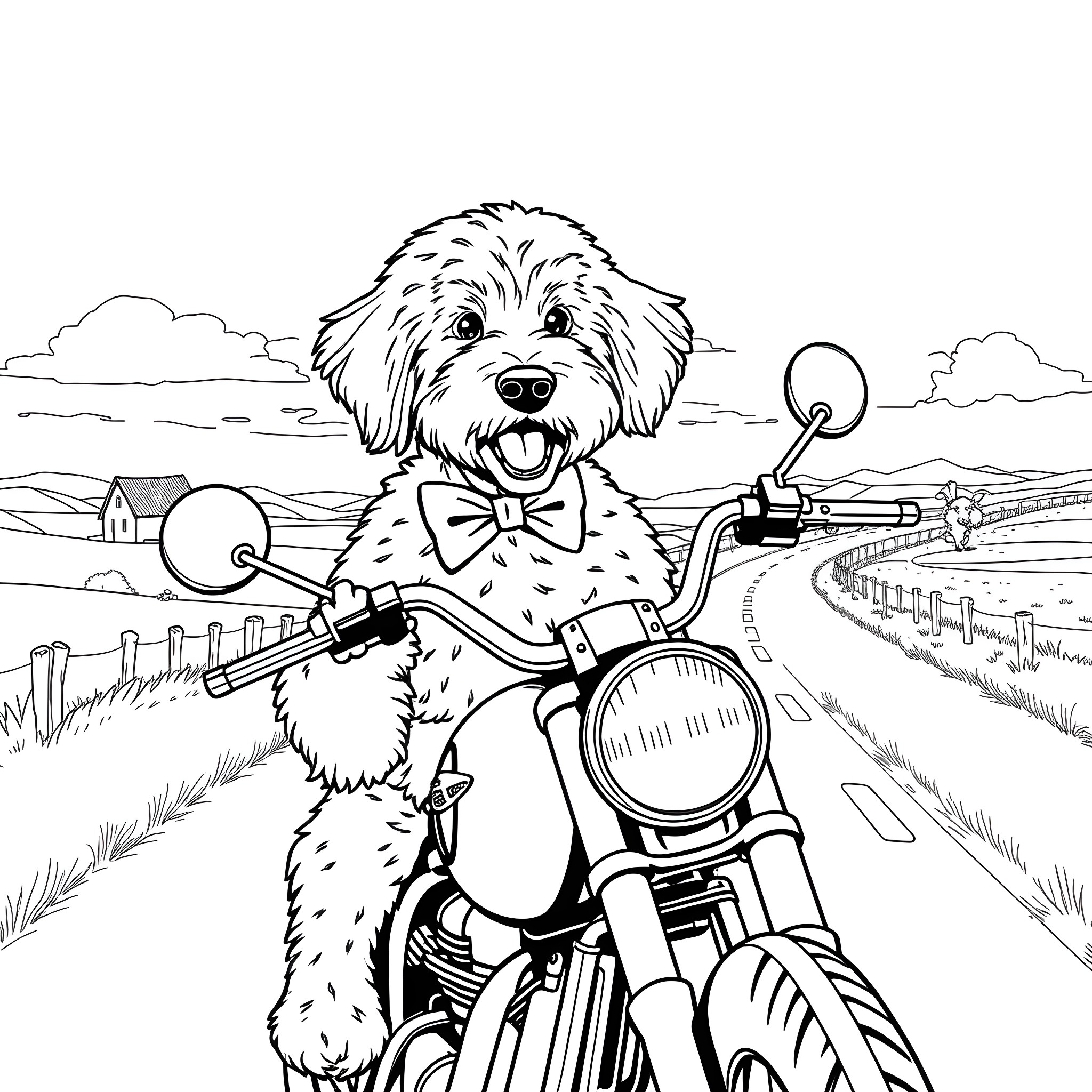 Labradoodle riding motorcycle in the countryside Coloring Page (free black-and-white line drawing printable PDF for all, from beginners to advanced learners, including children, teens, adults, and seniors)