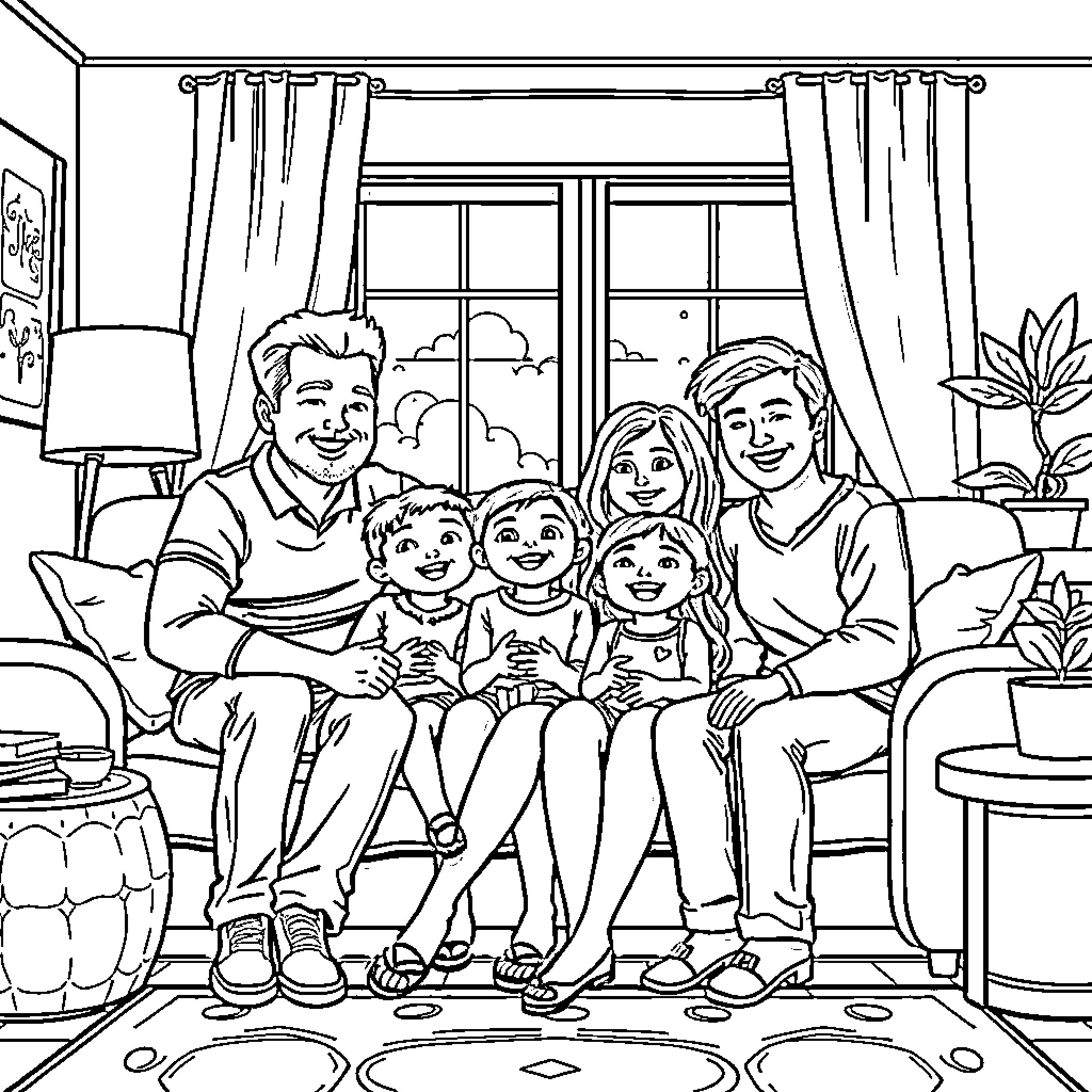 Family Enjoying Time Together at Home Coloring Page (free black-and-white line drawing printable PDF for all, from beginners to advanced learners, including children, teens, adults, and seniors)