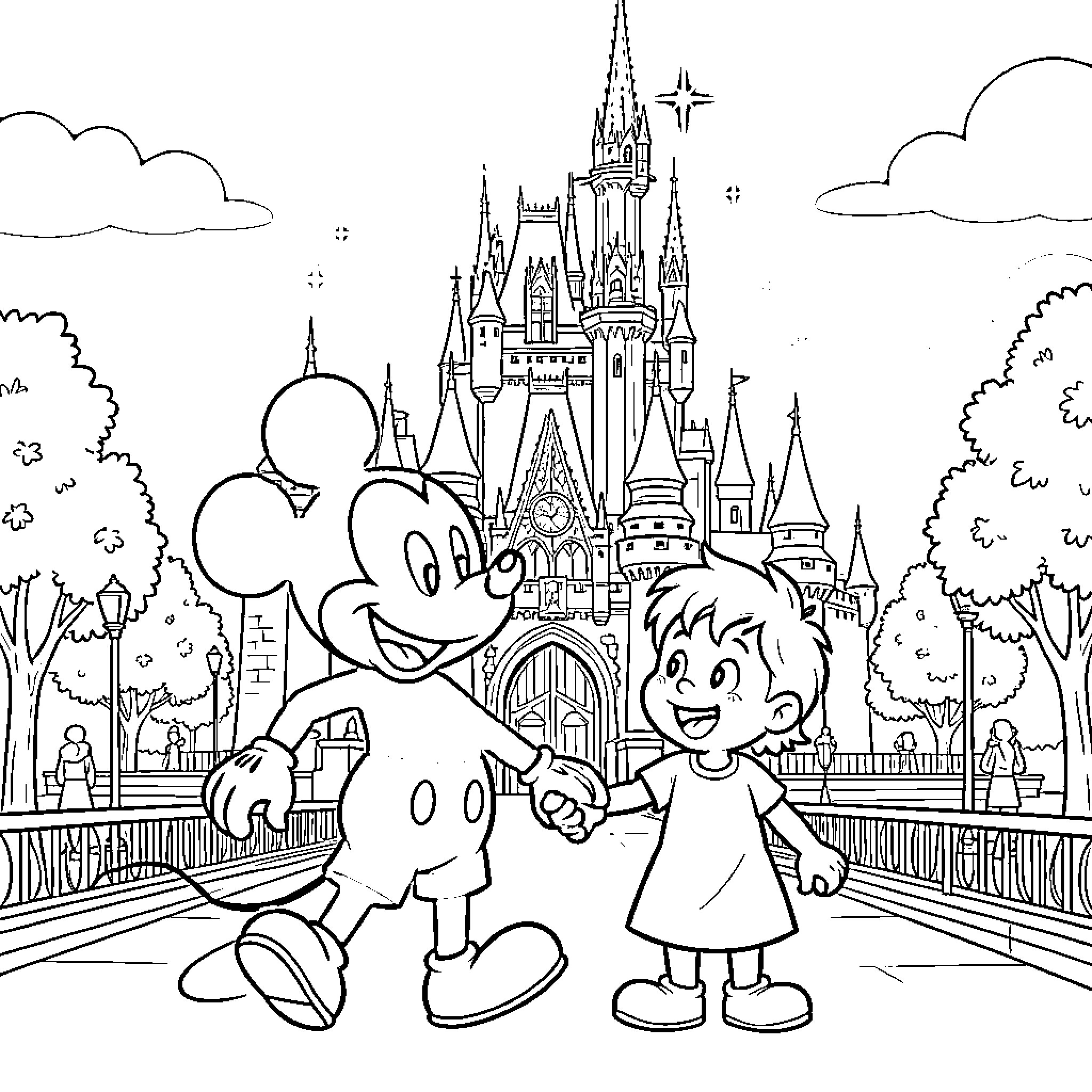 Mickey Mouse and a child at Disney Castle Coloring Page (free black-and-white line drawing printable PDF for all, from beginners to advanced learners, including children, teens, adults, and seniors)