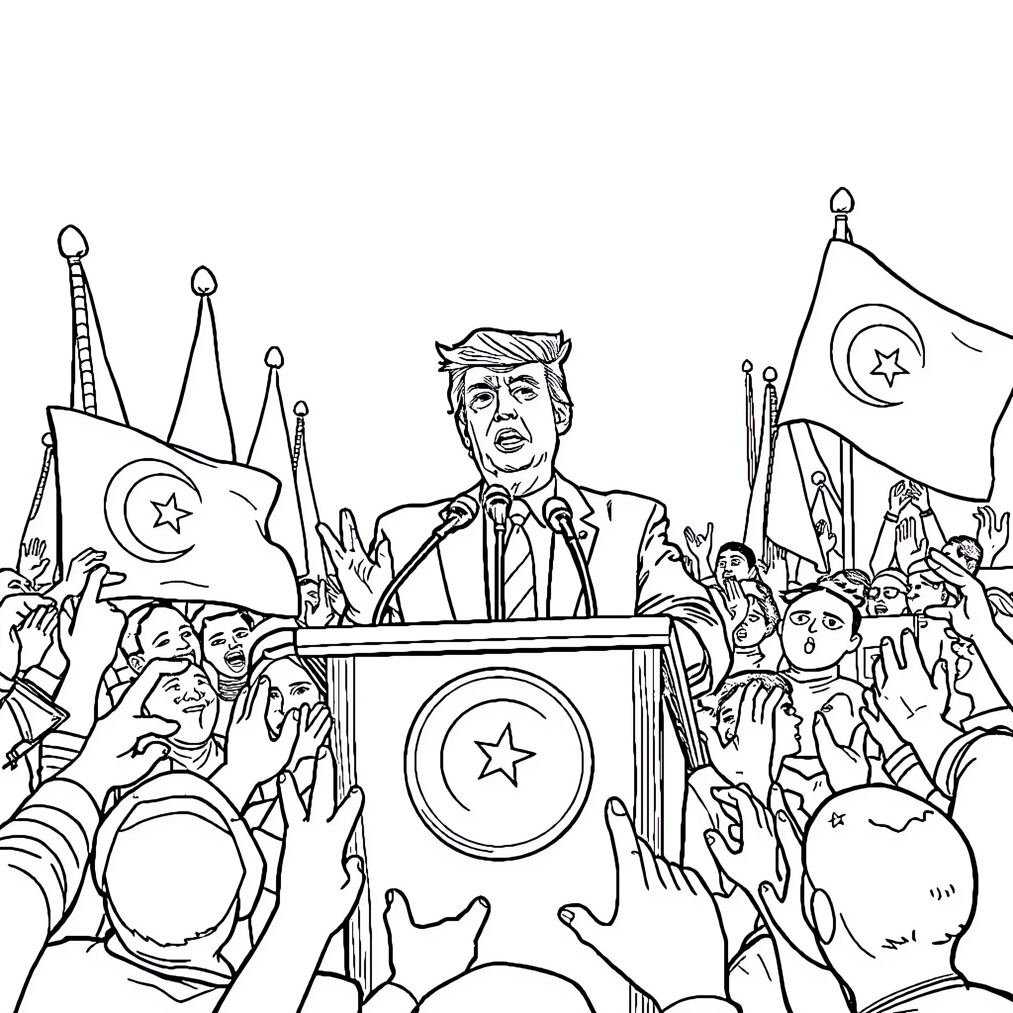 Trump addressing a crowd of supporters with flags and banners Coloring Page (free black-and-white line drawing printable PDF for all, from beginners to advanced learners, including children, teens, adults, and seniors)