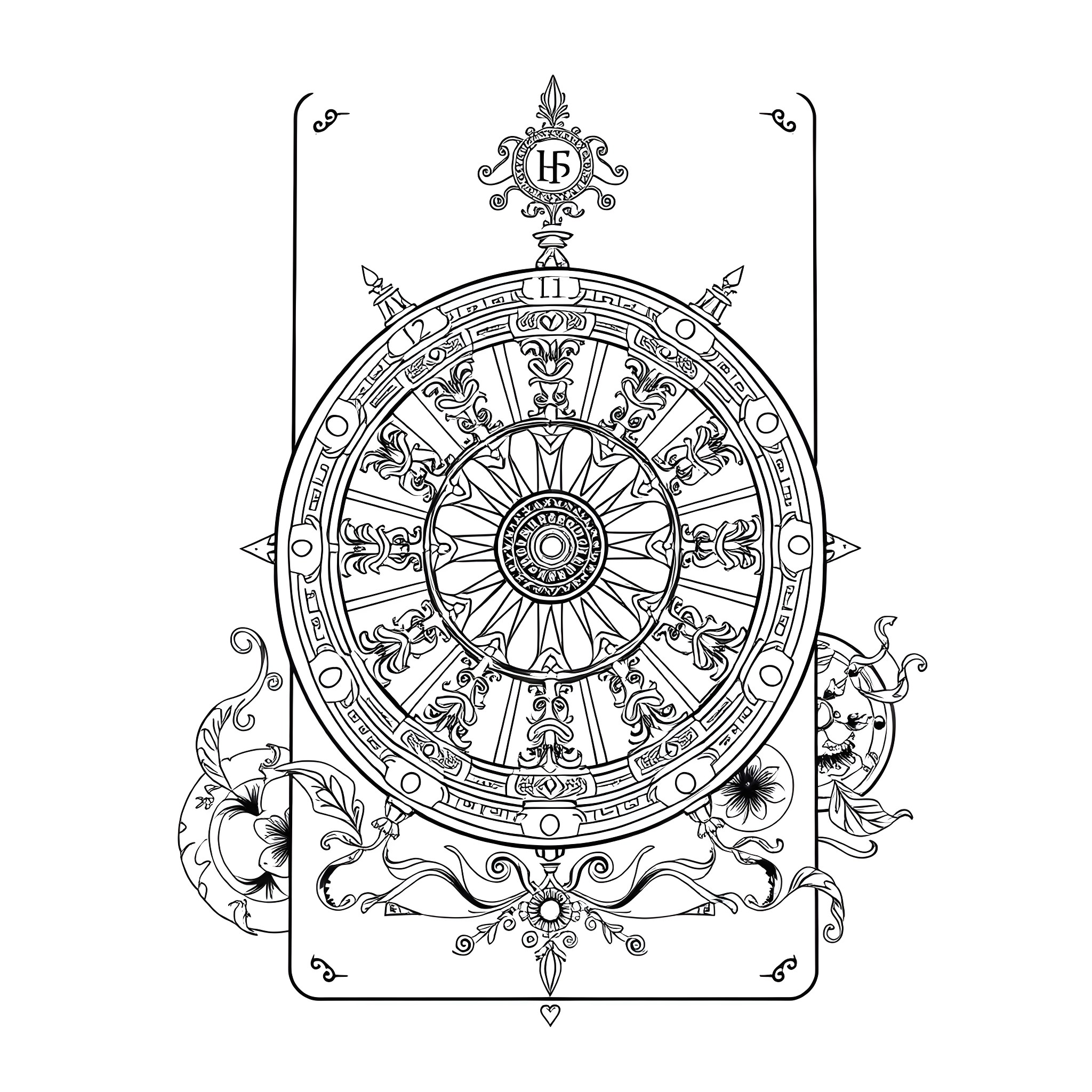 Wheel of Fortune with Ornate Symbols and Elements Coloring Page (free black-and-white line drawing printable PDF for all, from beginners to advanced learners, including children, teens, adults, and seniors)
