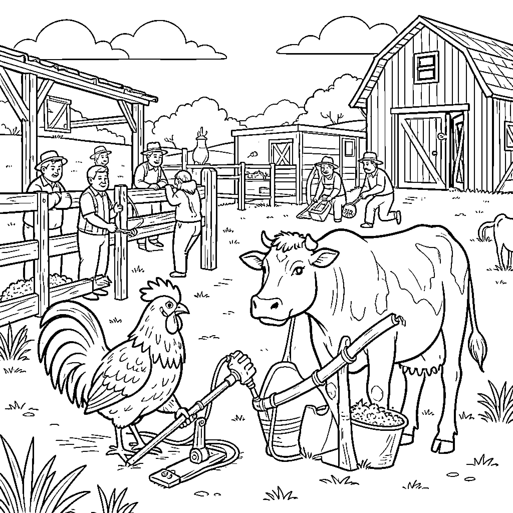 Farm Animal scene with people working around the barn Coloring Page (free black-and-white line drawing printable PDF for all, from beginners to advanced learners, including children, teens, adults, and seniors)