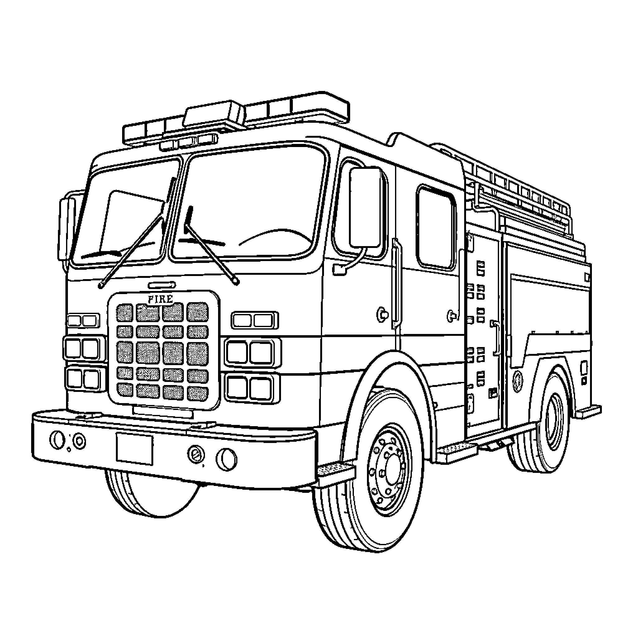 Fire Truck responding to emergency with lights and siren Coloring Page (free black-and-white line drawing printable PDF for all, from beginners to advanced learners, including children, teens, adults, and seniors)