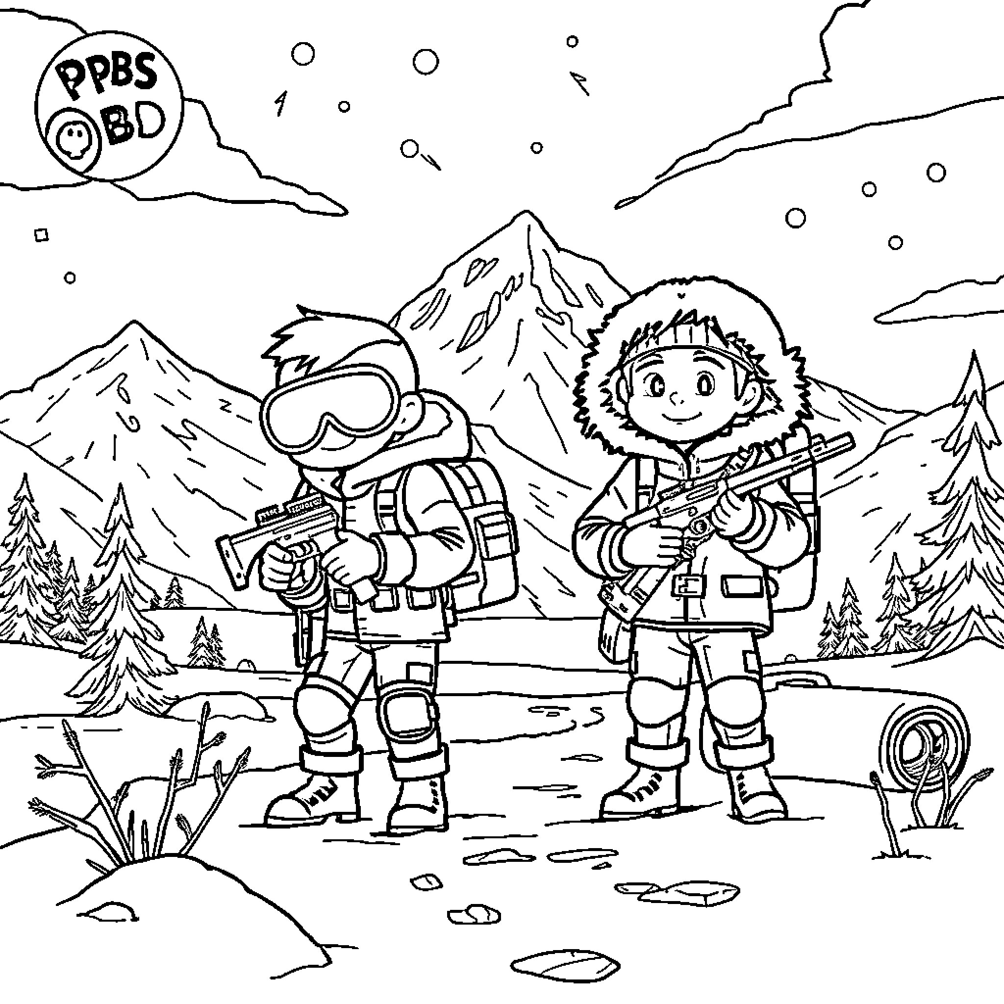 Odd Squad Agents Exploring Snowy Wilderness Coloring Page (free black-and-white line drawing printable PDF for all, from beginners to advanced learners, including children, teens, adults, and seniors)