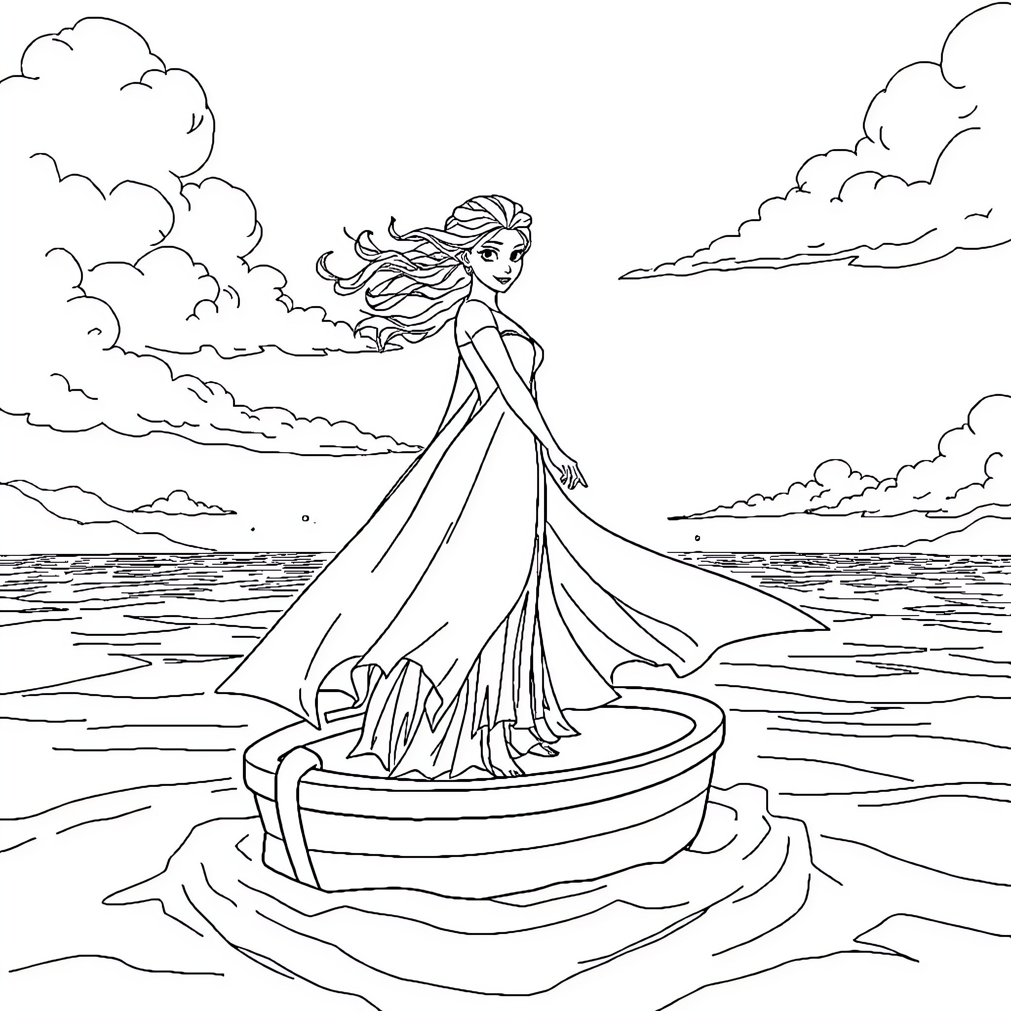 Elsa journeying across the enchanted waters Coloring Page (free black-and-white line drawing printable PDF for all, from beginners to advanced learners, including children, teens, adults, and seniors)