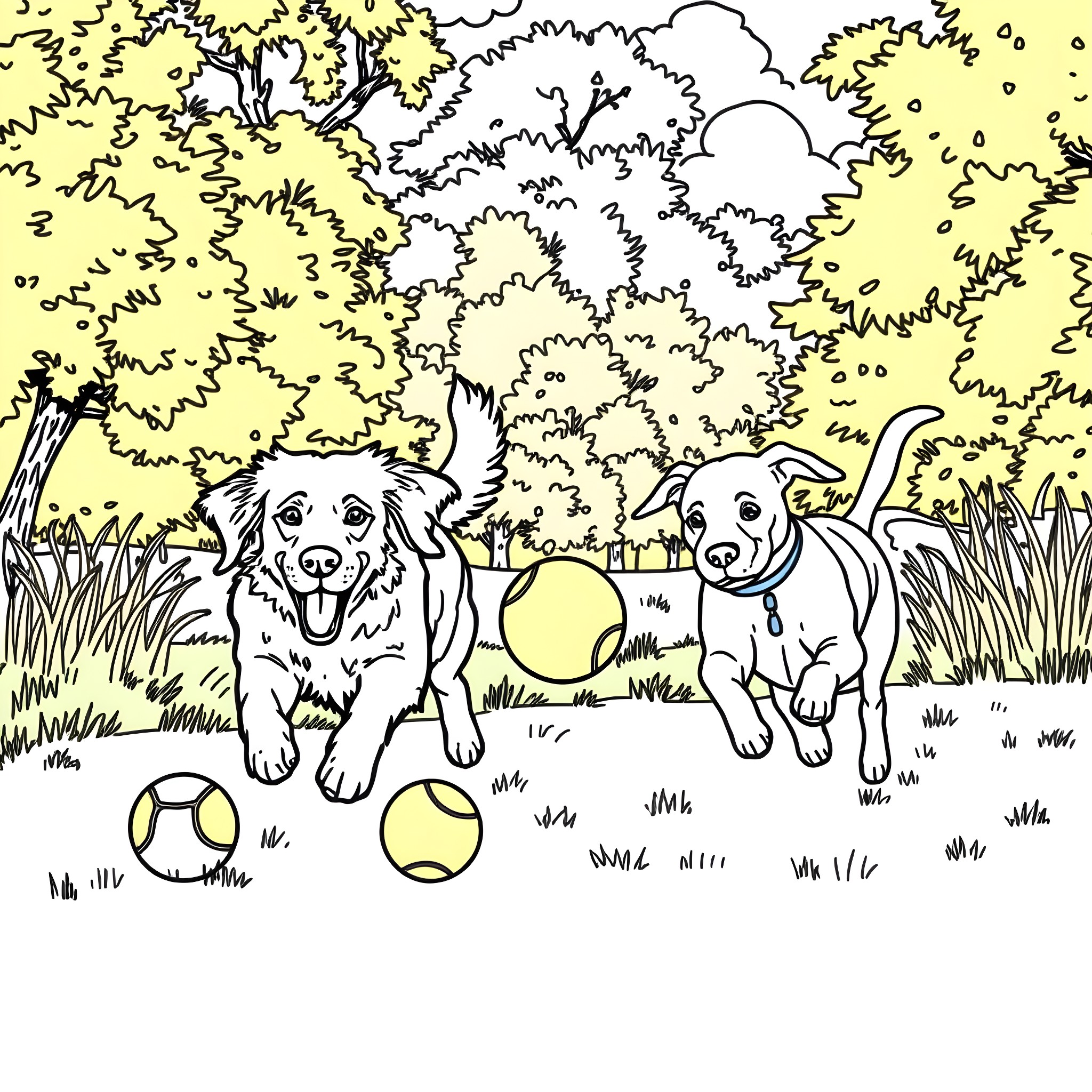 Dogs playing with balls in the park Coloring Page (free black-and-white line drawing printable PDF for all, from beginners to advanced learners, including children, teens, adults, and seniors)