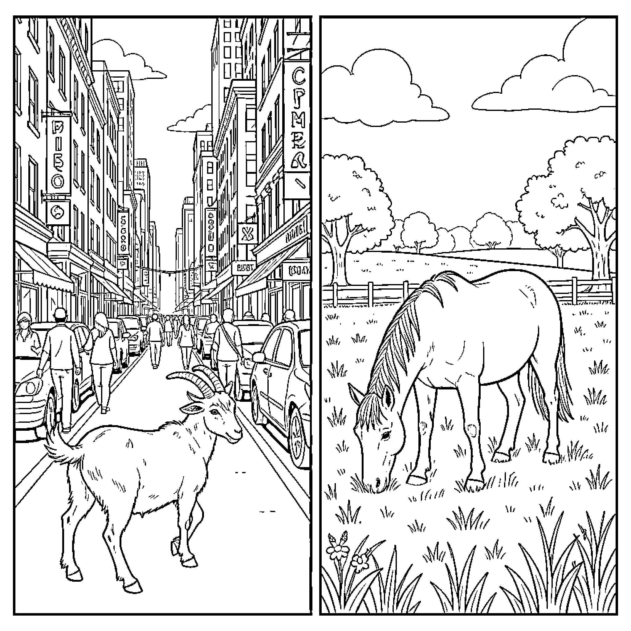 Goats exploring urban and natural settings Coloring Page (free black-and-white line drawing printable PDF for all, from beginners to advanced learners, including children, teens, adults, and seniors)