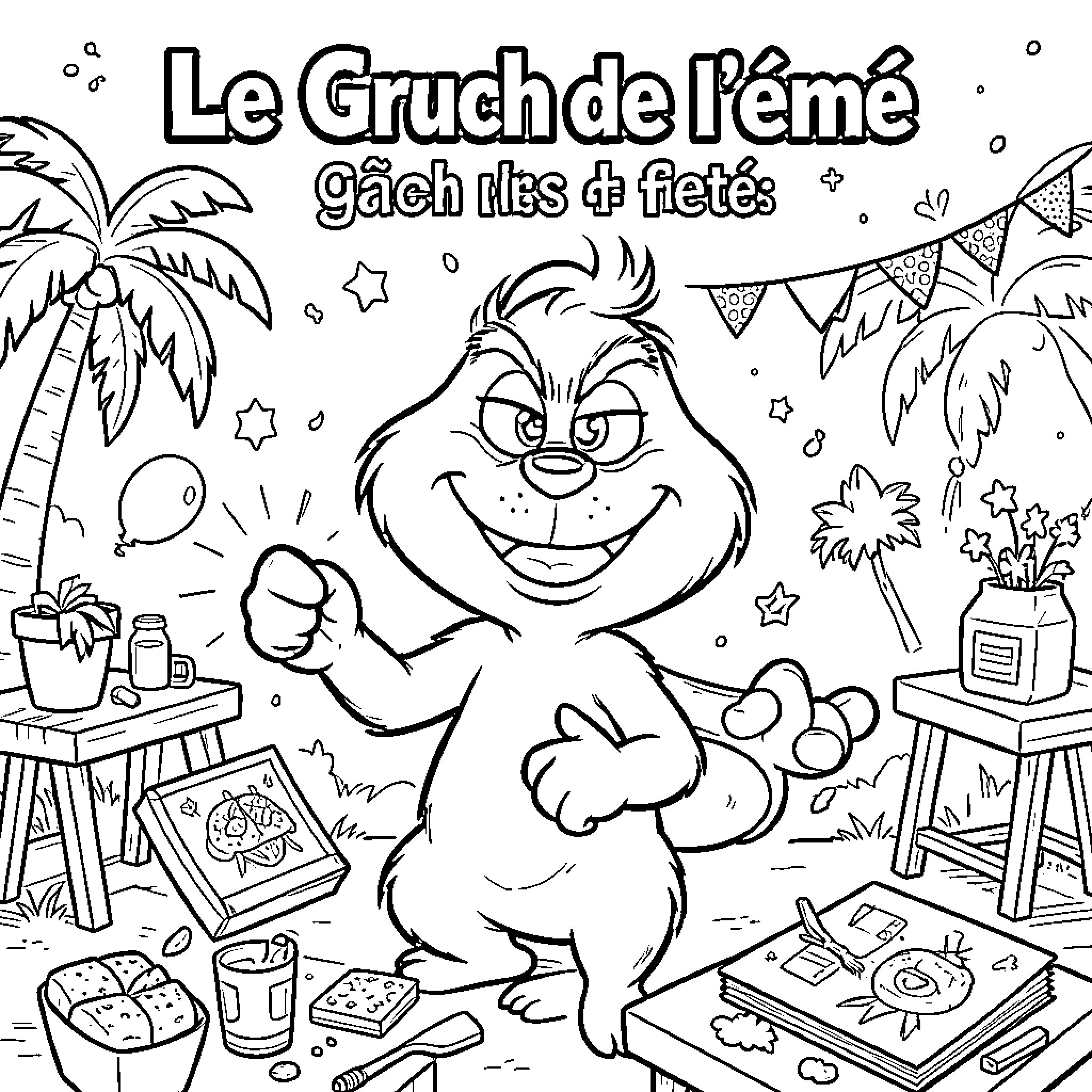 Grinch smiling mischievously while surrounded by tropical items Coloring Page (free black-and-white line drawing printable PDF for all, from beginners to advanced learners, including children, teens, adults, and seniors)
